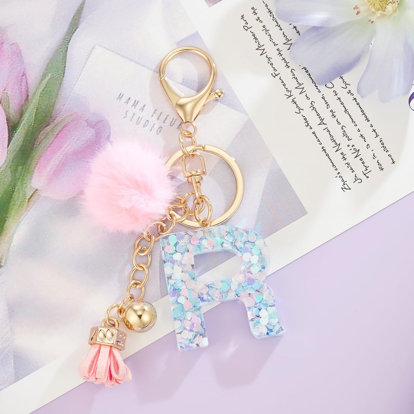 Resin Alphabet Initial Letter Keychain Keyring for Women Purse Handbags With Fur Ball Pom