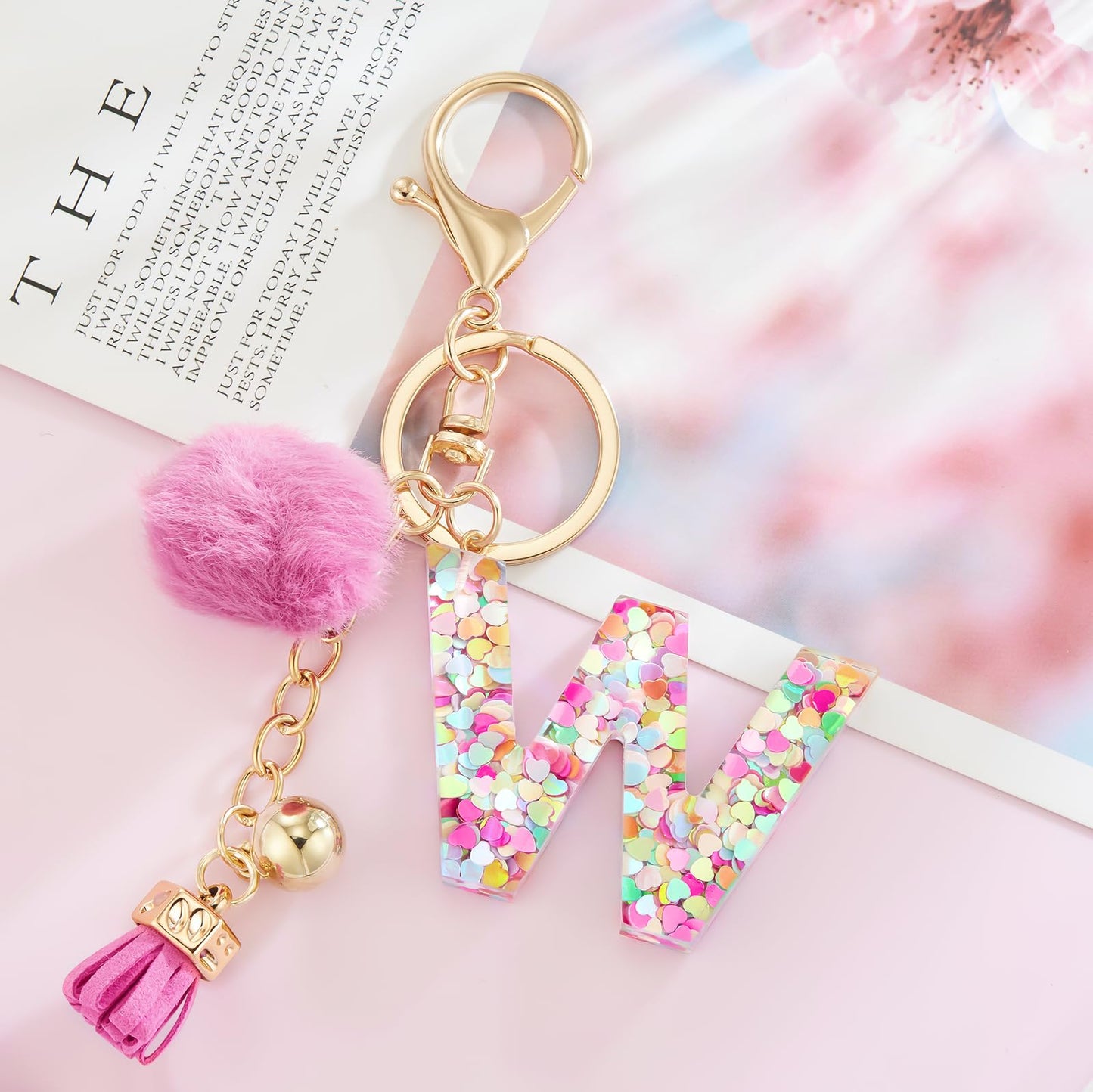 Resin Alphabet Initial Letter Keychain Keyring for Women Purse Handbags With Fur Ball Pom