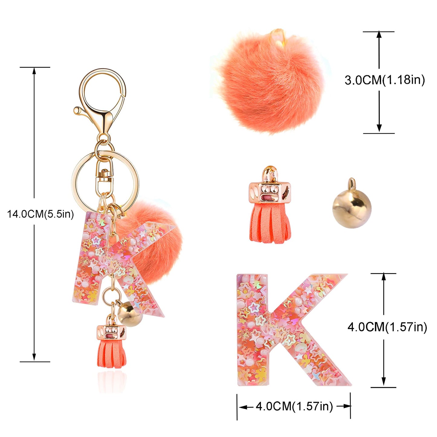 Resin Alphabet Initial Letter Keychain Keyring for Women Purse Handbags With Fur Ball Pom