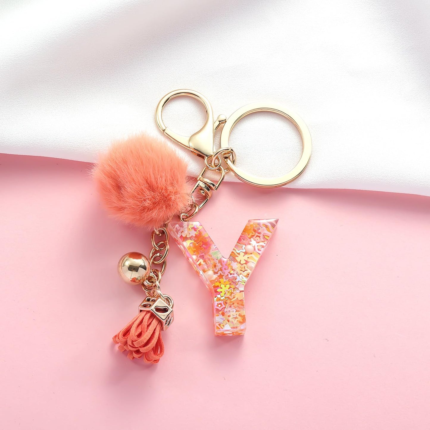 Resin Alphabet Initial Letter Keychain Keyring for Women Purse Handbags With Fur Ball Pom