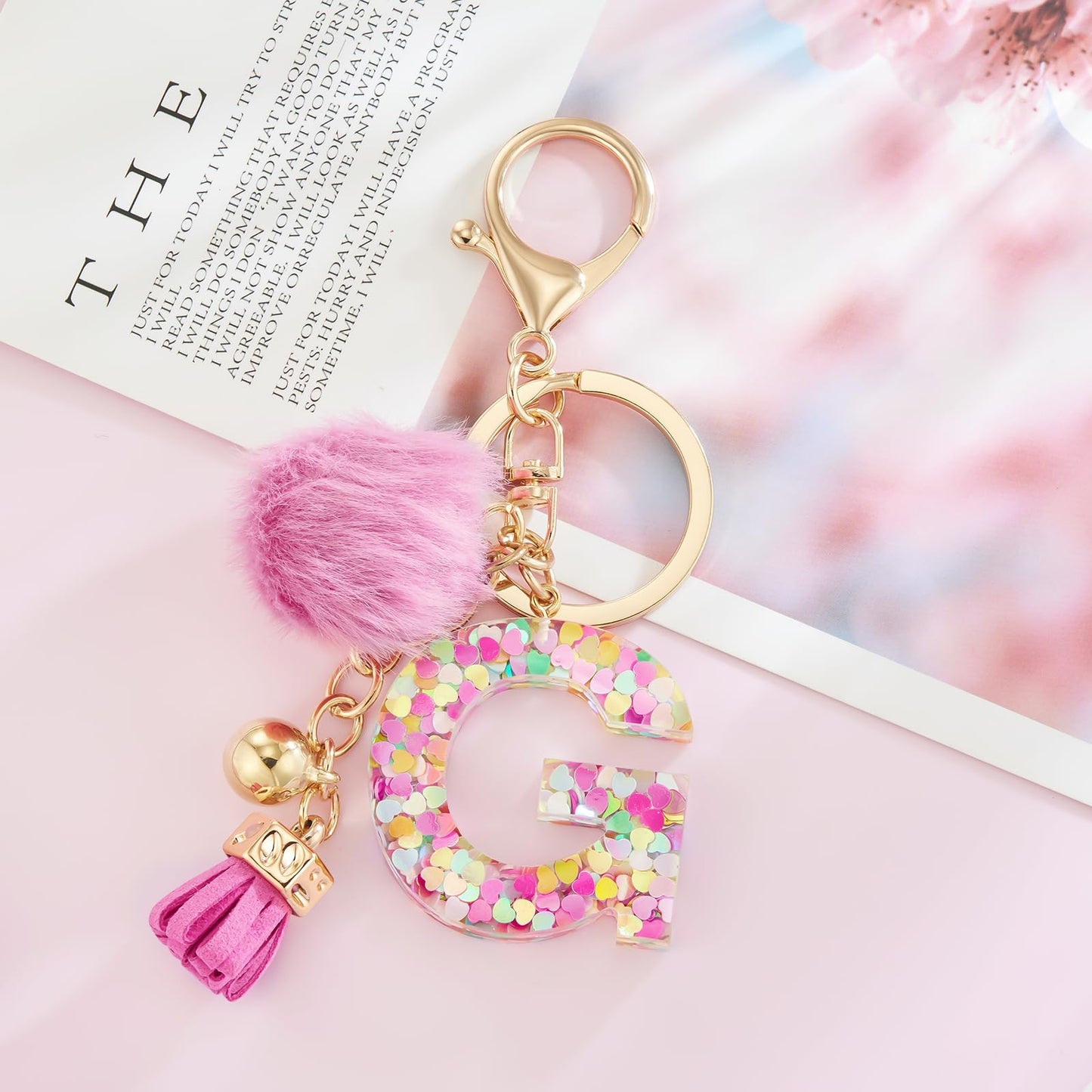 Resin Alphabet Initial Letter Keychain Keyring for Women Purse Handbags With Fur Ball Pom