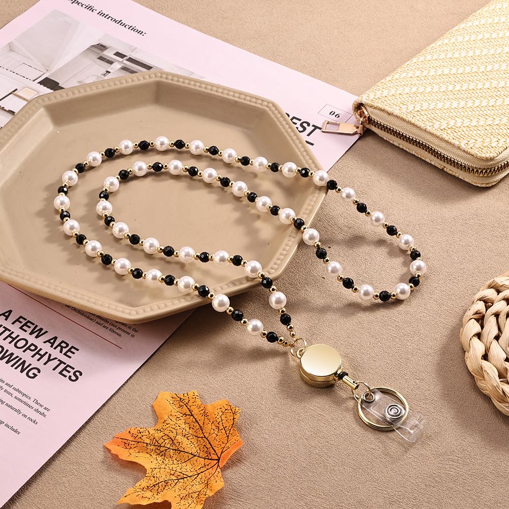 Retractable Pearl ID Badges and Key Lanyards, Natural Crystal Handmade Beaded Teacher Women's Lanyards