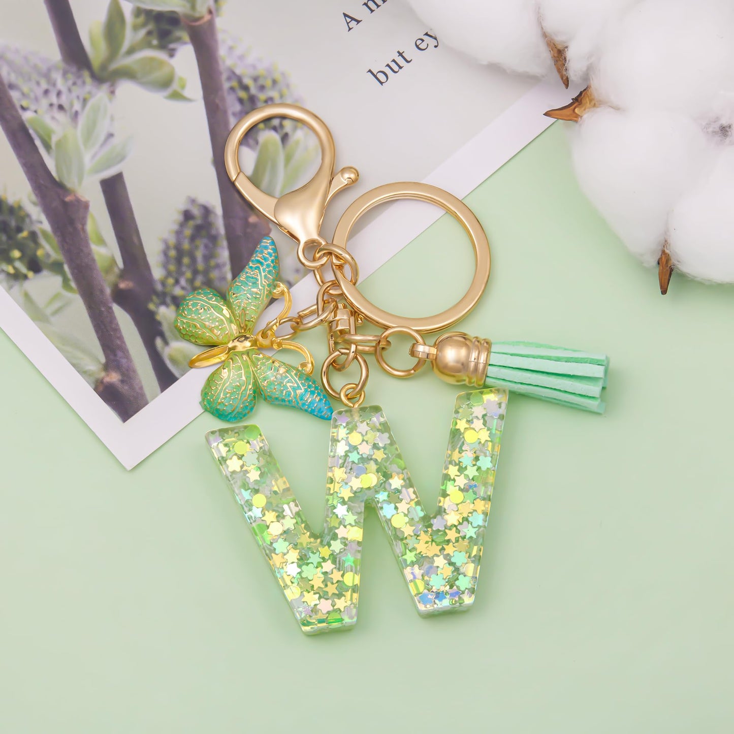 Fashion Alphabet Initial Letter Keychain Tassel Butterfly Pendant Key Ring for Purse Handbags Women Girl