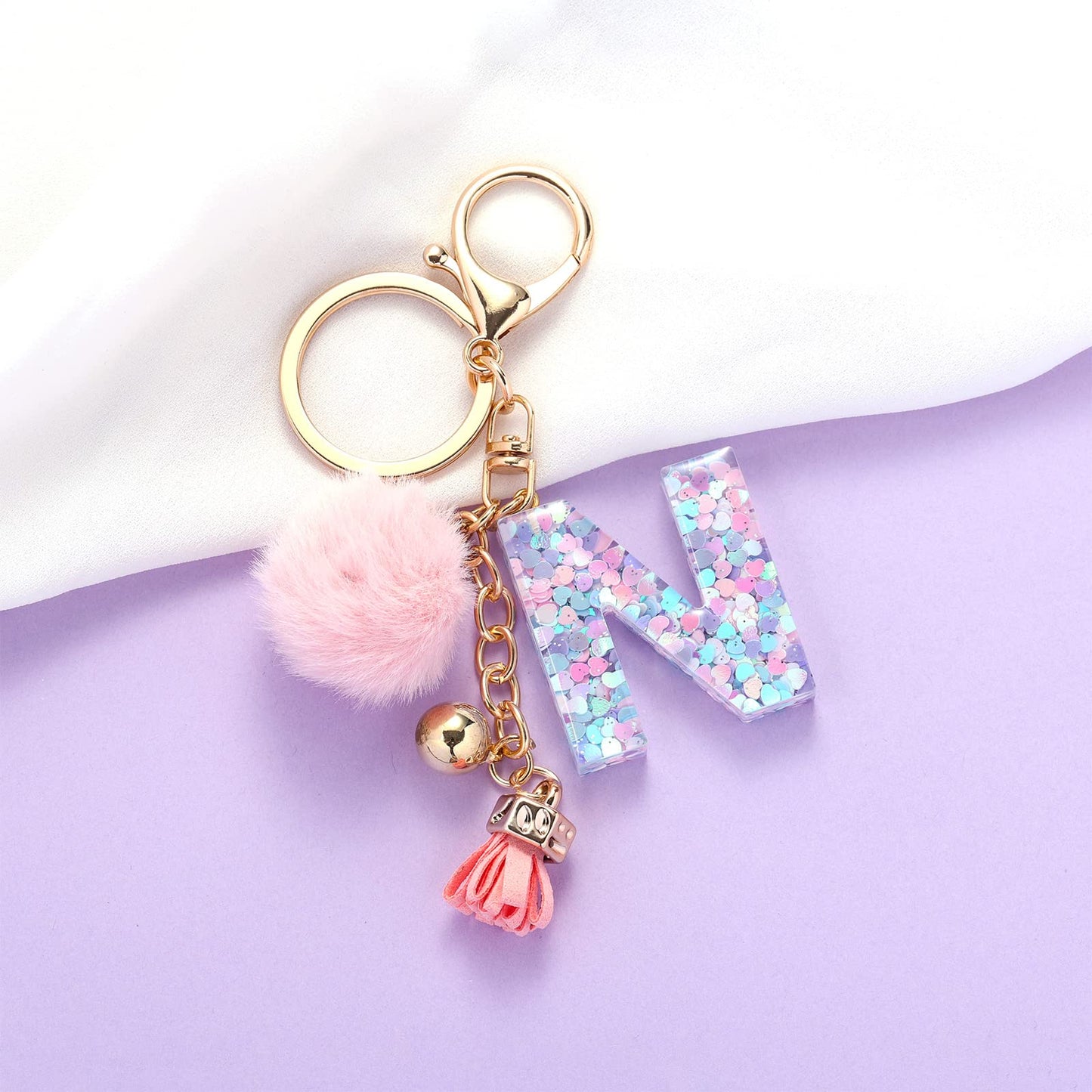 Resin Alphabet Initial Letter Keychain Keyring for Women Purse Handbags With Fur Ball Pom
