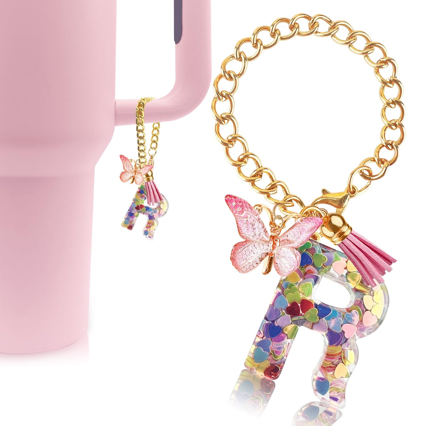 Letter Charm Accessories for Stanley Cup with Handle, Cute Initial Letter A Keychain Handle Charm with Butterfly for Stanley Tumbler for Women Girls