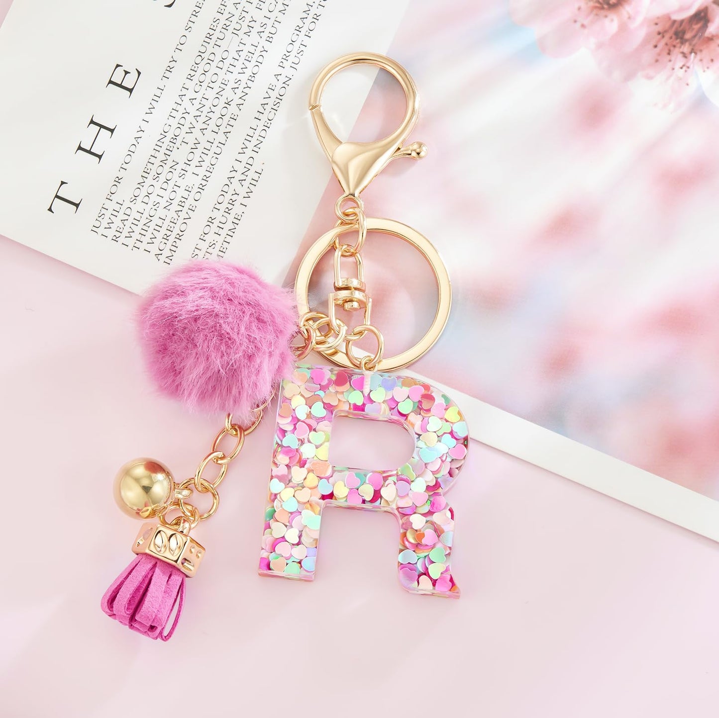 Resin Alphabet Initial Letter Keychain Keyring for Women Purse Handbags With Fur Ball Pom