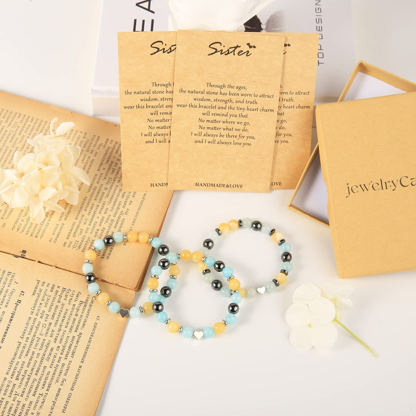 Jewelry&Card Christmas Gifts for Sister Best Friend, Natural Stone Heart Friendship Bracelets for Sister Best Friend Bestie Women