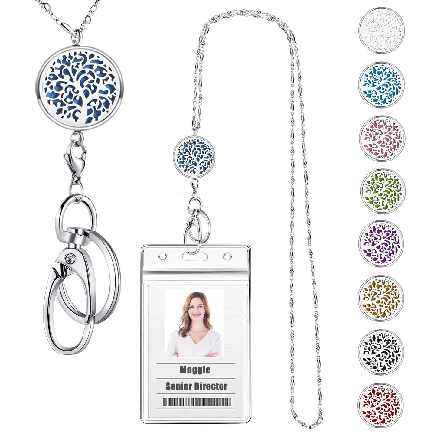 Lanyards for ID Badges Keys Women Cute Teacher Lanyard ID Holder Necklace Silver Chain Fashion Strong Keychain Diffuser Office School Work Jewelry Nurse Teacher Appreciation Gifts Mandala