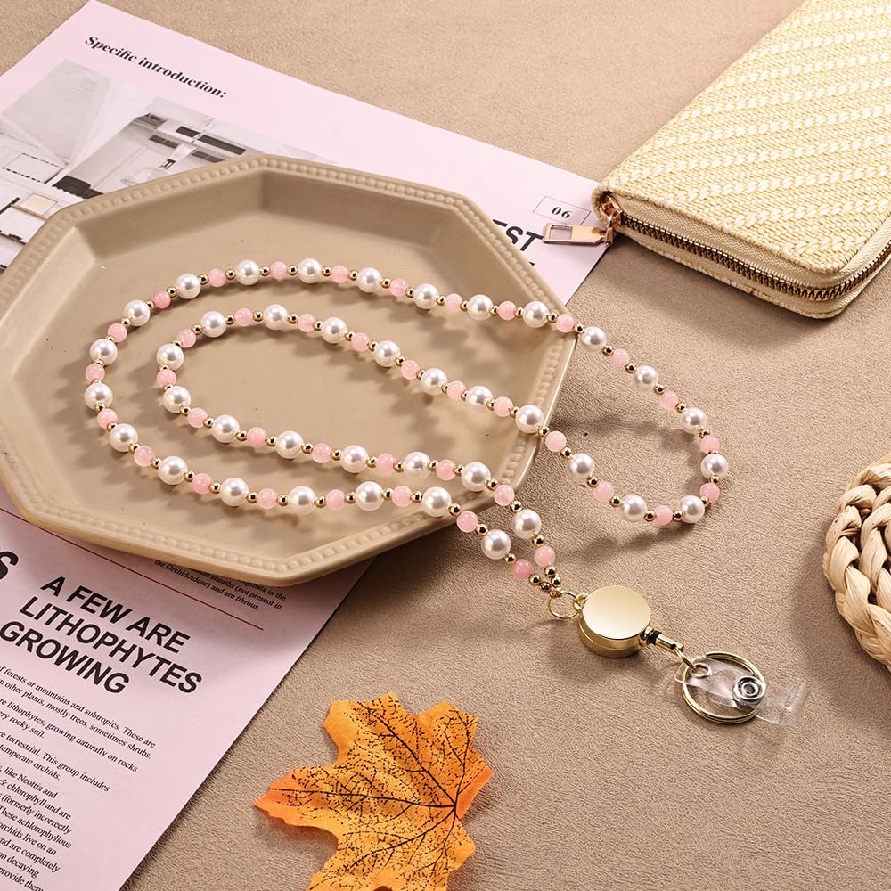 Retractable Pearl ID Badges and Key Lanyards, Natural Crystal Handmade Beaded Teacher Women's Lanyards