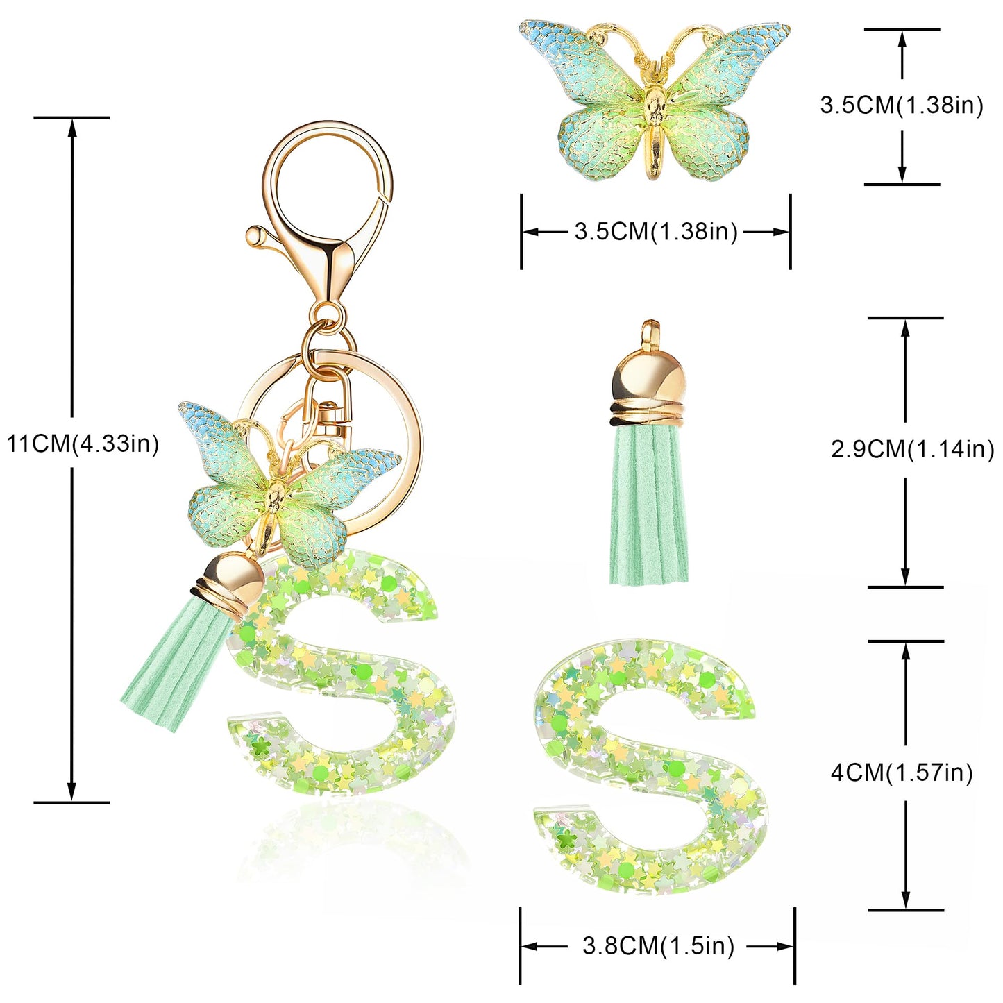 Fashion Alphabet Initial Letter Keychain Tassel Butterfly Pendant Key Ring for Purse Handbags Women Girl