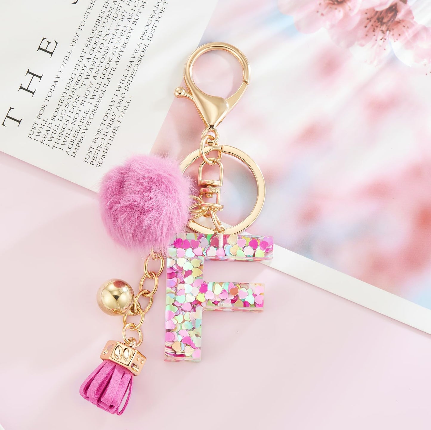Resin Alphabet Initial Letter Keychain Keyring for Women Purse Handbags With Fur Ball Pom