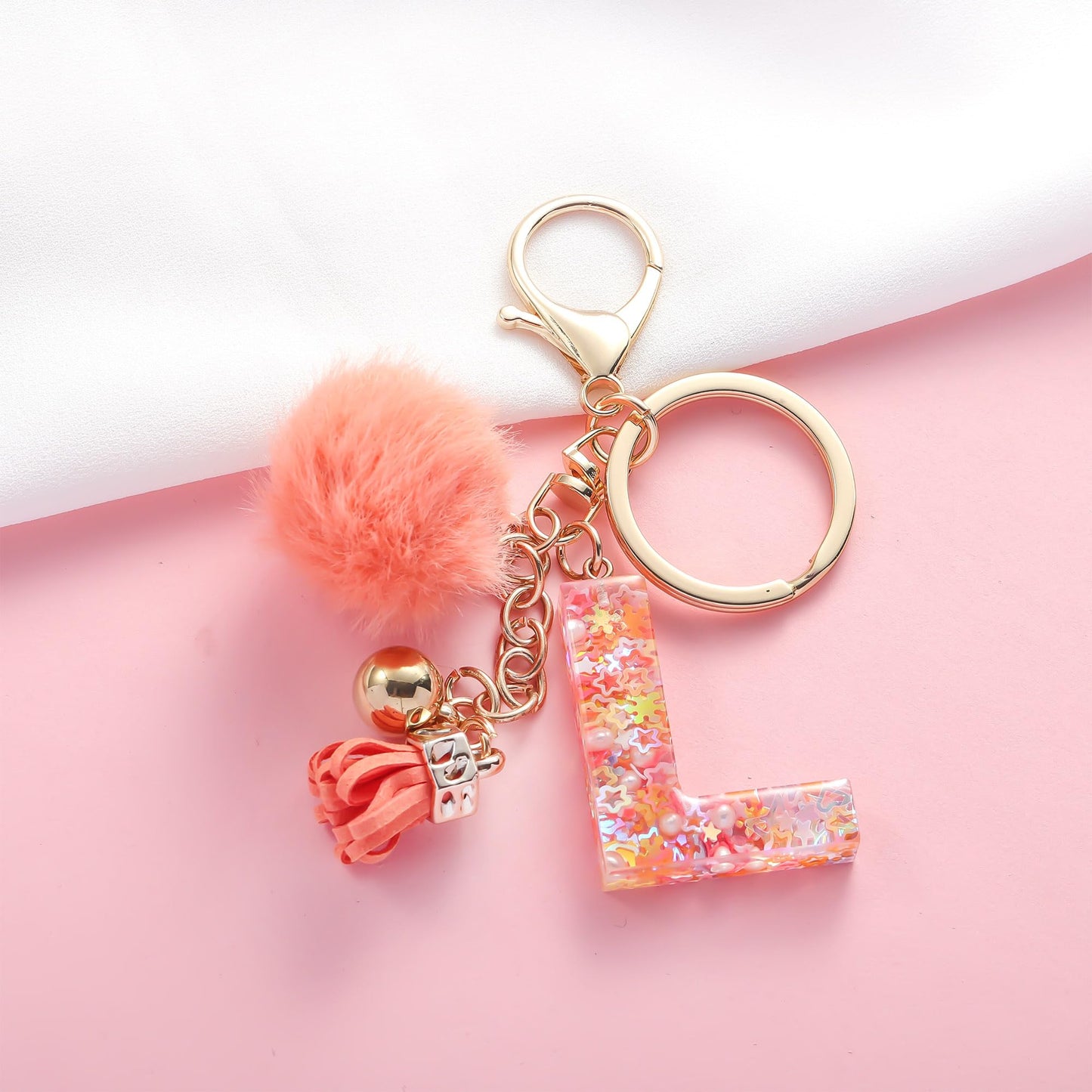 Resin Alphabet Initial Letter Keychain Keyring for Women Purse Handbags With Fur Ball Pom