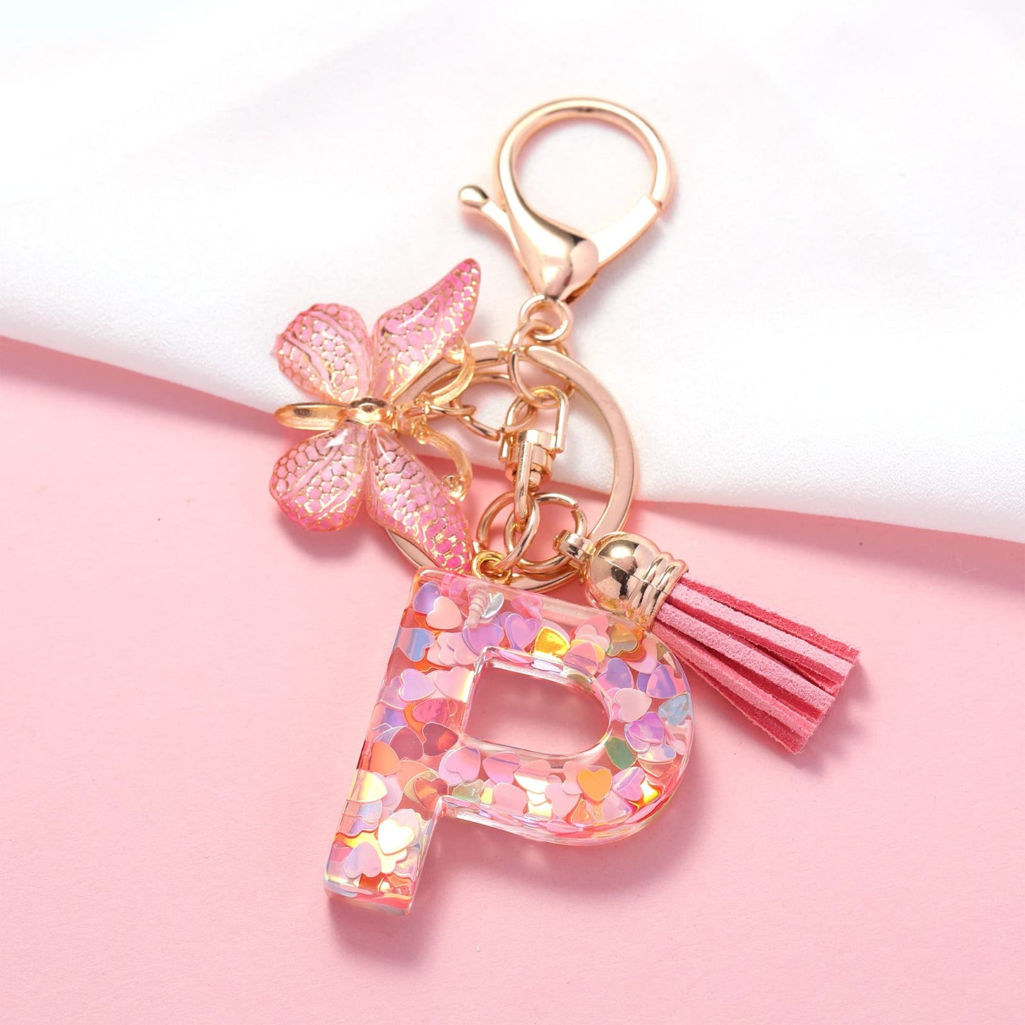 Fashion Alphabet Initial Letter Keychain Tassel Butterfly Pendant Key Ring for Purse Handbags Women Girl