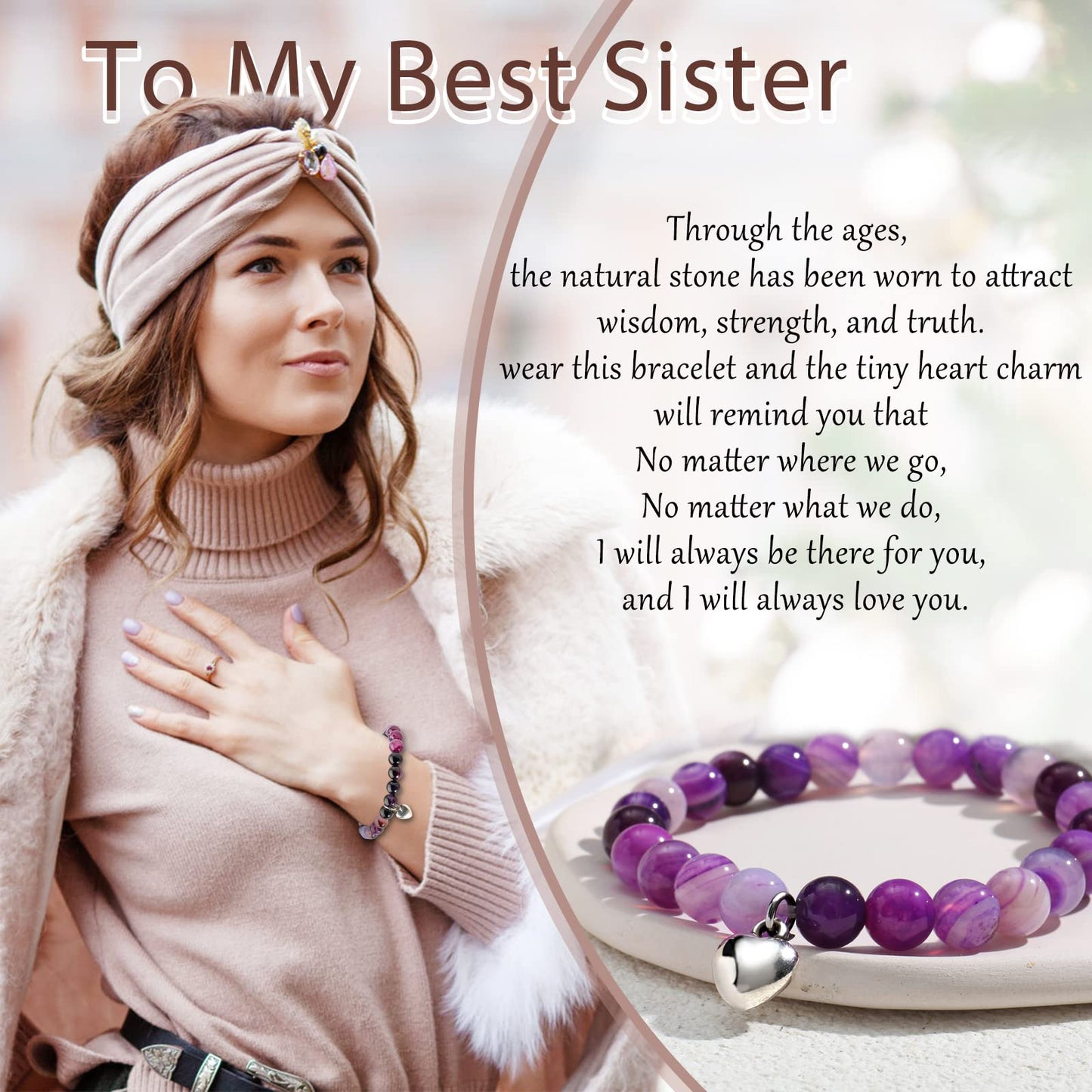 Jewelry&Card Christmas Gifts for Sister Best Friend, Natural Stone Heart Friendship Bracelets for Sister Best Friend Bestie Women