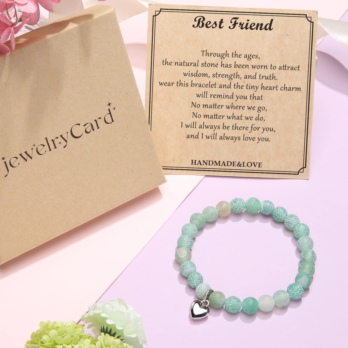 Jewelry&Card Christmas Gifts for Sister Best Friend, Natural Stone Heart Friendship Bracelets for Sister Best Friend Bestie Women