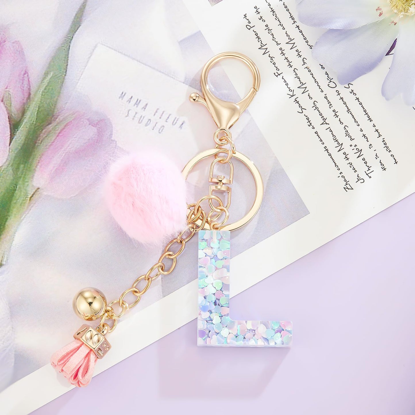 Resin Alphabet Initial Letter Keychain Keyring for Women Purse Handbags With Fur Ball Pom