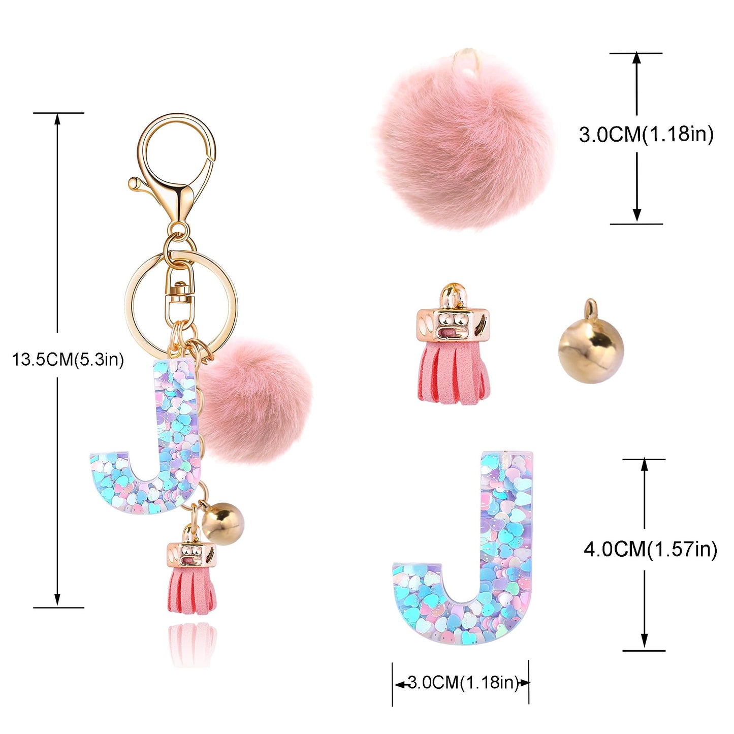 Resin Alphabet Initial Letter Keychain Keyring for Women Purse Handbags With Fur Ball Pom