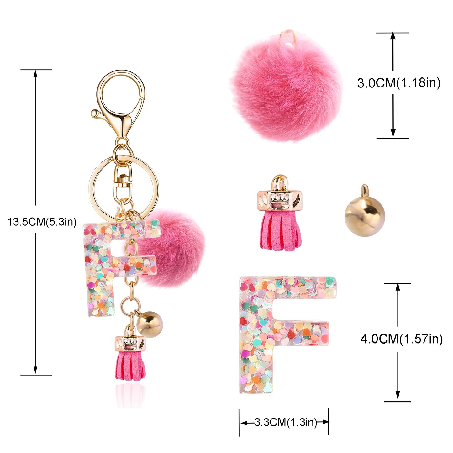 Resin Alphabet Initial Letter Keychain Keyring for Women Purse Handbags With Fur Ball Pom
