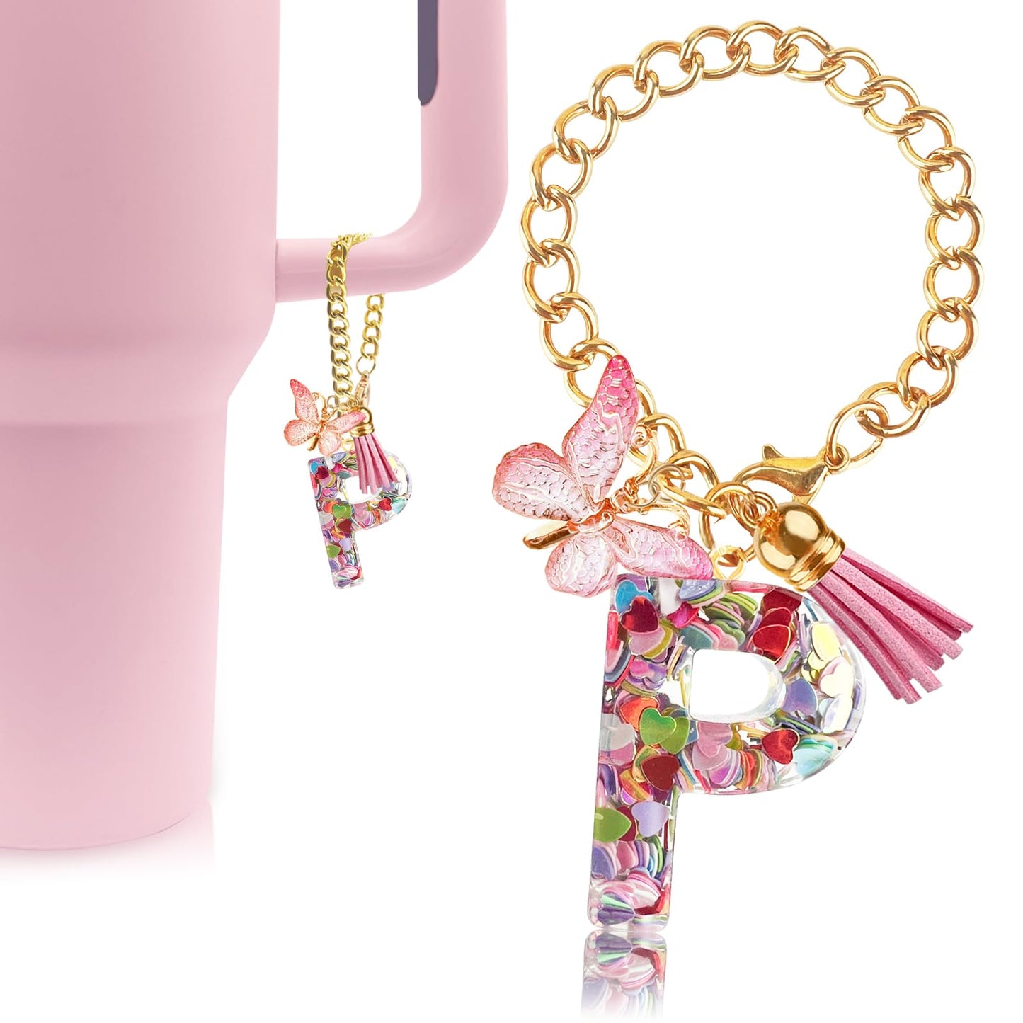 Letter Charm Accessories for Stanley Cup with Handle, Cute Initial Letter A Keychain Handle Charm with Butterfly for Stanley Tumbler for Women Girls