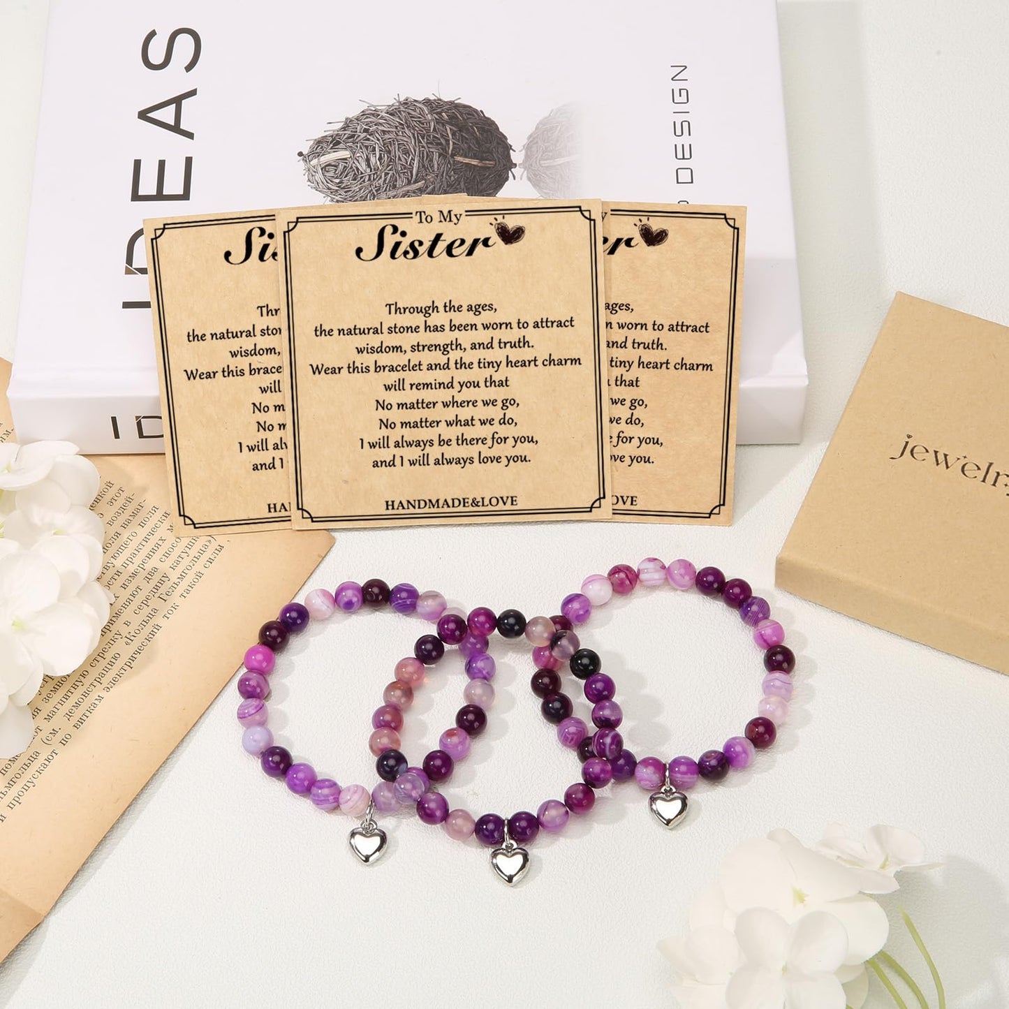 Jewelry&Card Christmas Gifts for Sister Best Friend, Natural Stone Heart Friendship Bracelets for Sister Best Friend Bestie Women