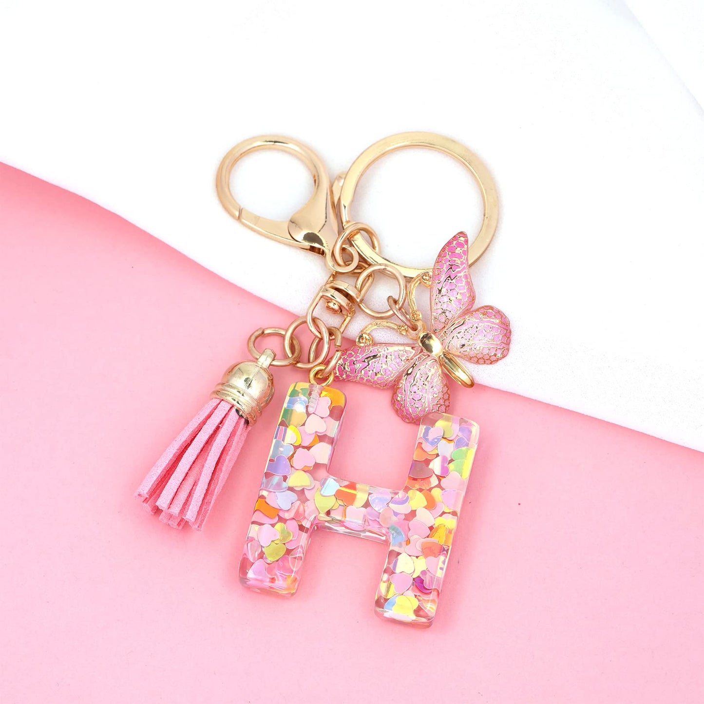 Fashion Alphabet Initial Letter Keychain Tassel Butterfly Pendant Key Ring for Purse Handbags Women Girl