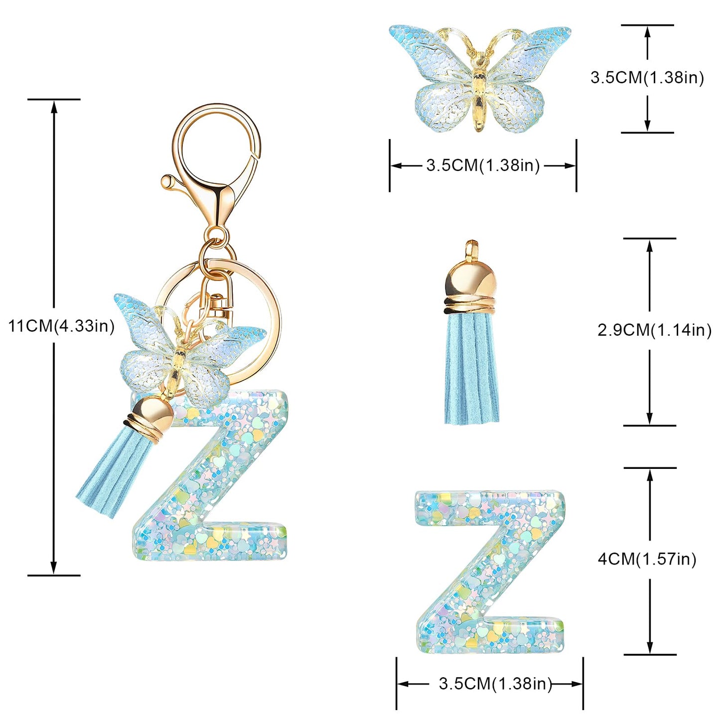Fashion Alphabet Initial Letter Keychain Tassel Butterfly Pendant Key Ring for Purse Handbags Women Girl