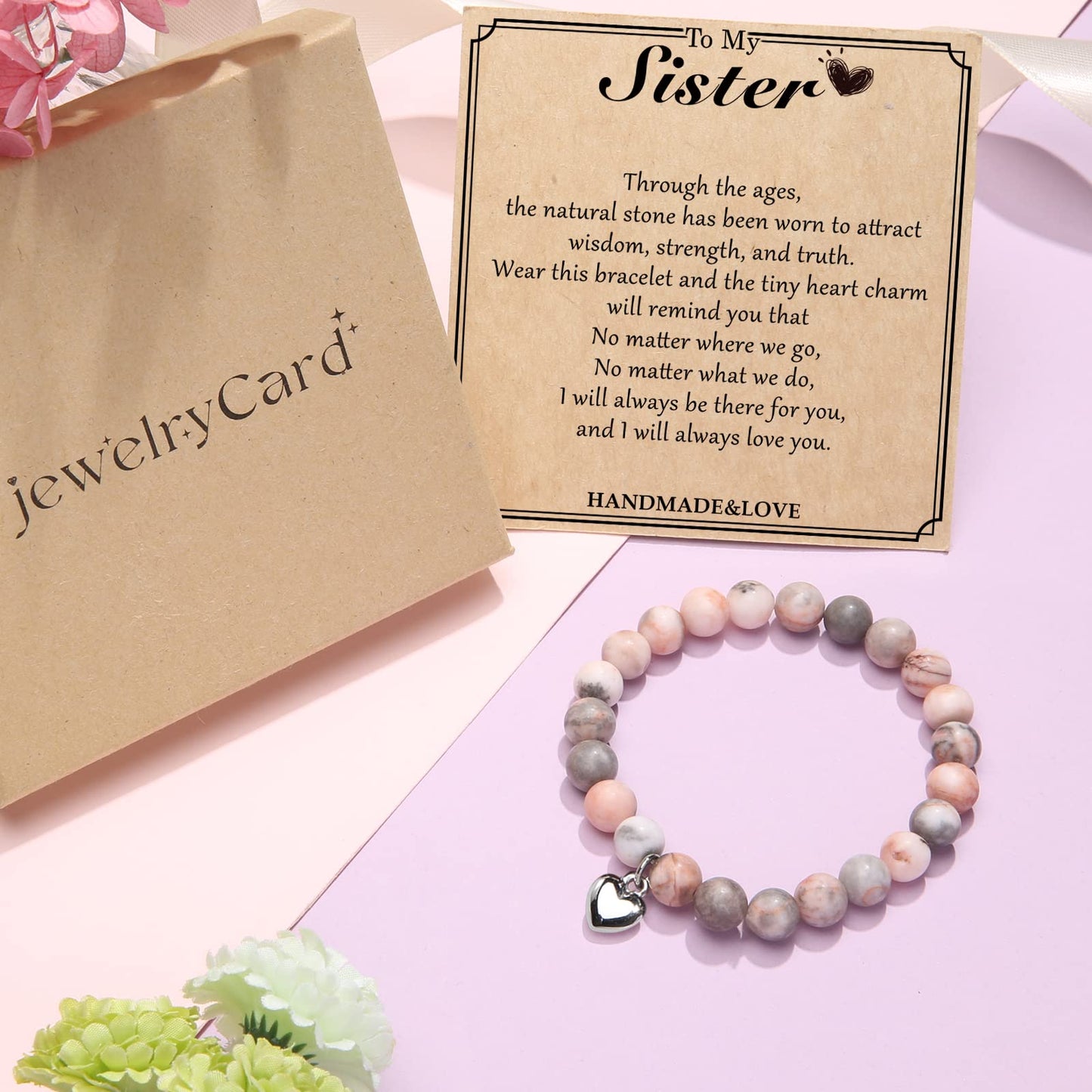 Jewelry&Card Christmas Gifts for Sister Best Friend, Natural Stone Heart Friendship Bracelets for Sister Best Friend Bestie Women