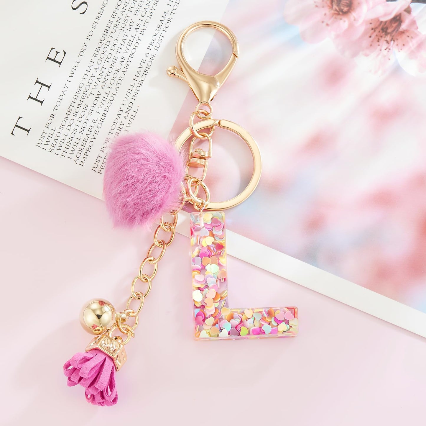 Resin Alphabet Initial Letter Keychain Keyring for Women Purse Handbags With Fur Ball Pom