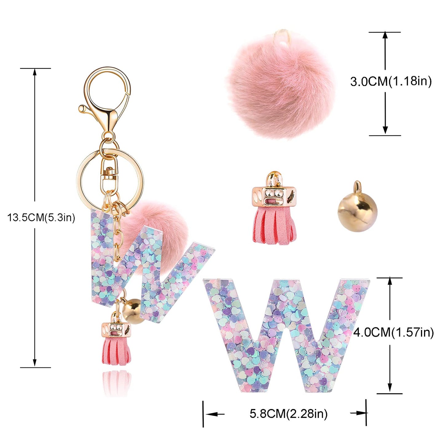 Resin Alphabet Initial Letter Keychain Keyring for Women Purse Handbags With Fur Ball Pom