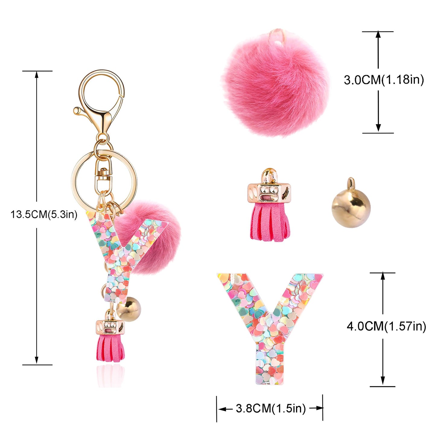 Resin Alphabet Initial Letter Keychain Keyring for Women Purse Handbags With Fur Ball Pom