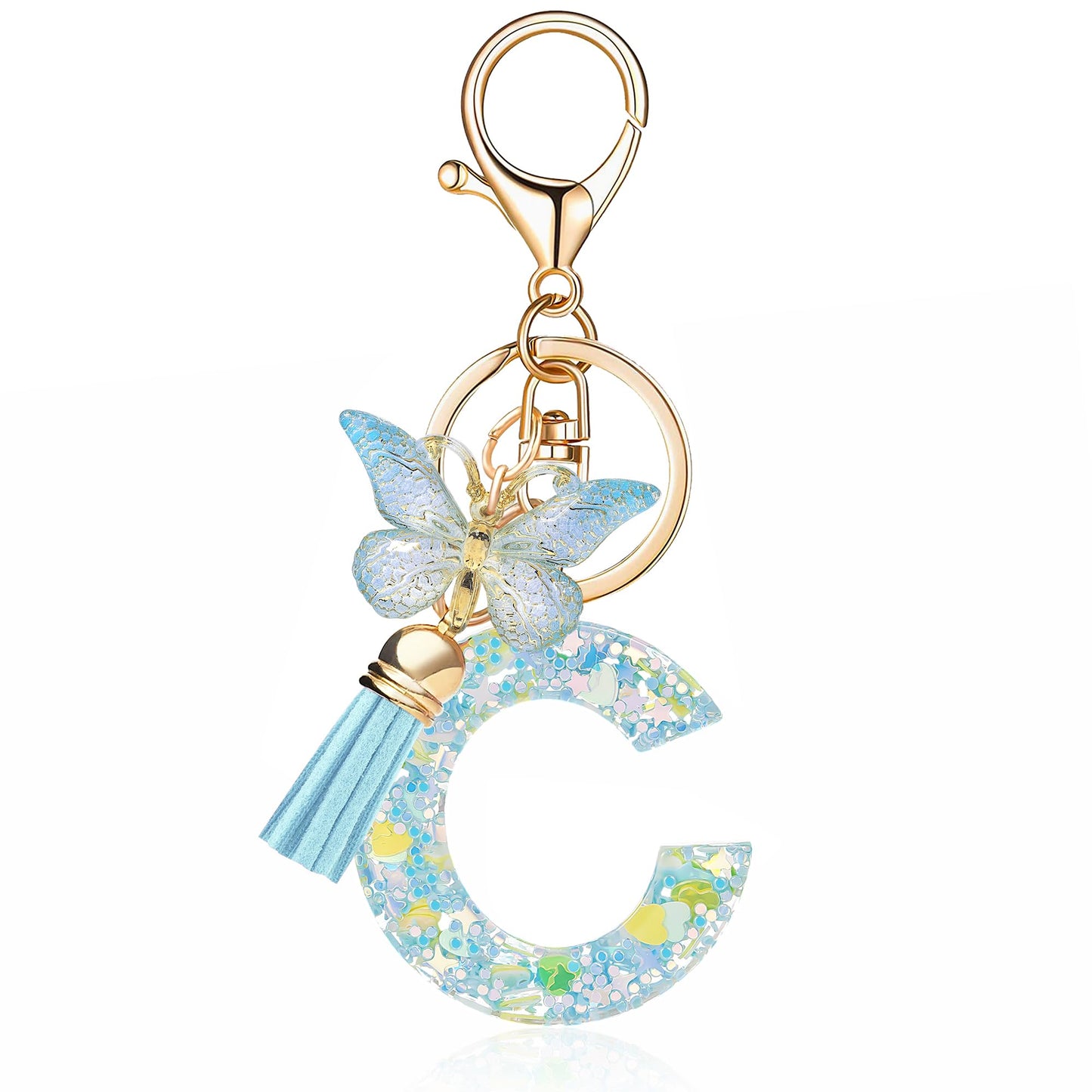Fashion Alphabet Initial Letter Keychain Tassel Butterfly Pendant Key Ring for Purse Handbags Women Girl