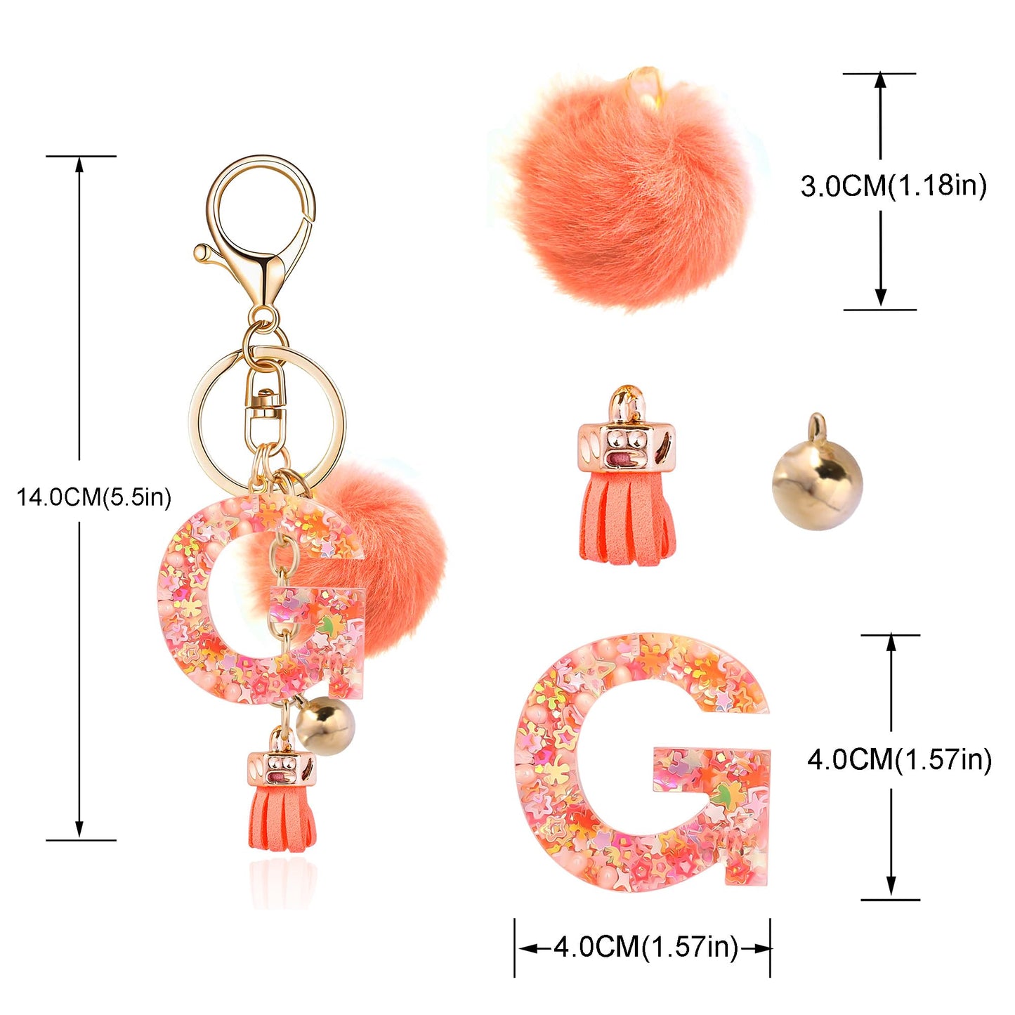 Resin Alphabet Initial Letter Keychain Keyring for Women Purse Handbags With Fur Ball Pom