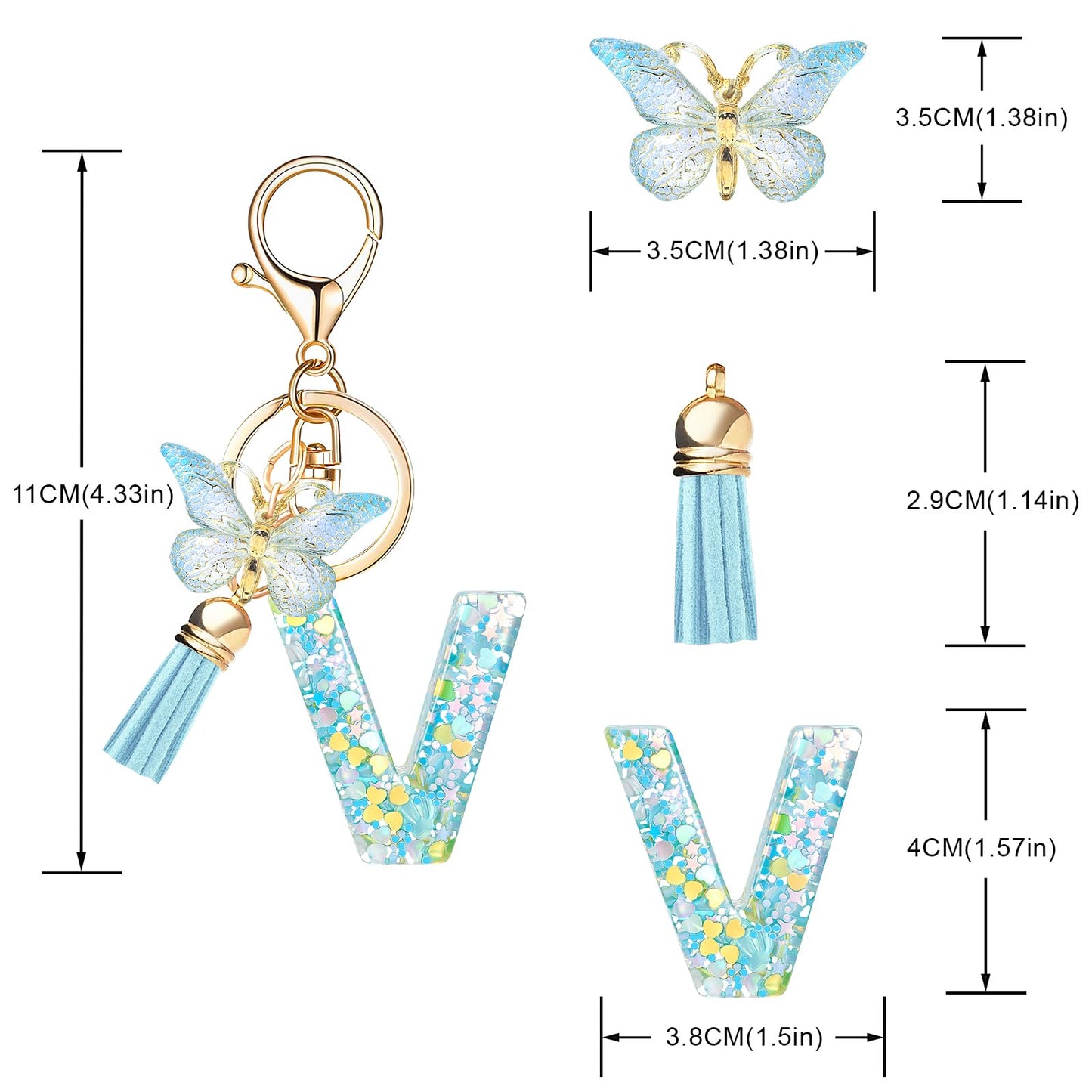 Fashion Alphabet Initial Letter Keychain Tassel Butterfly Pendant Key Ring for Purse Handbags Women Girl
