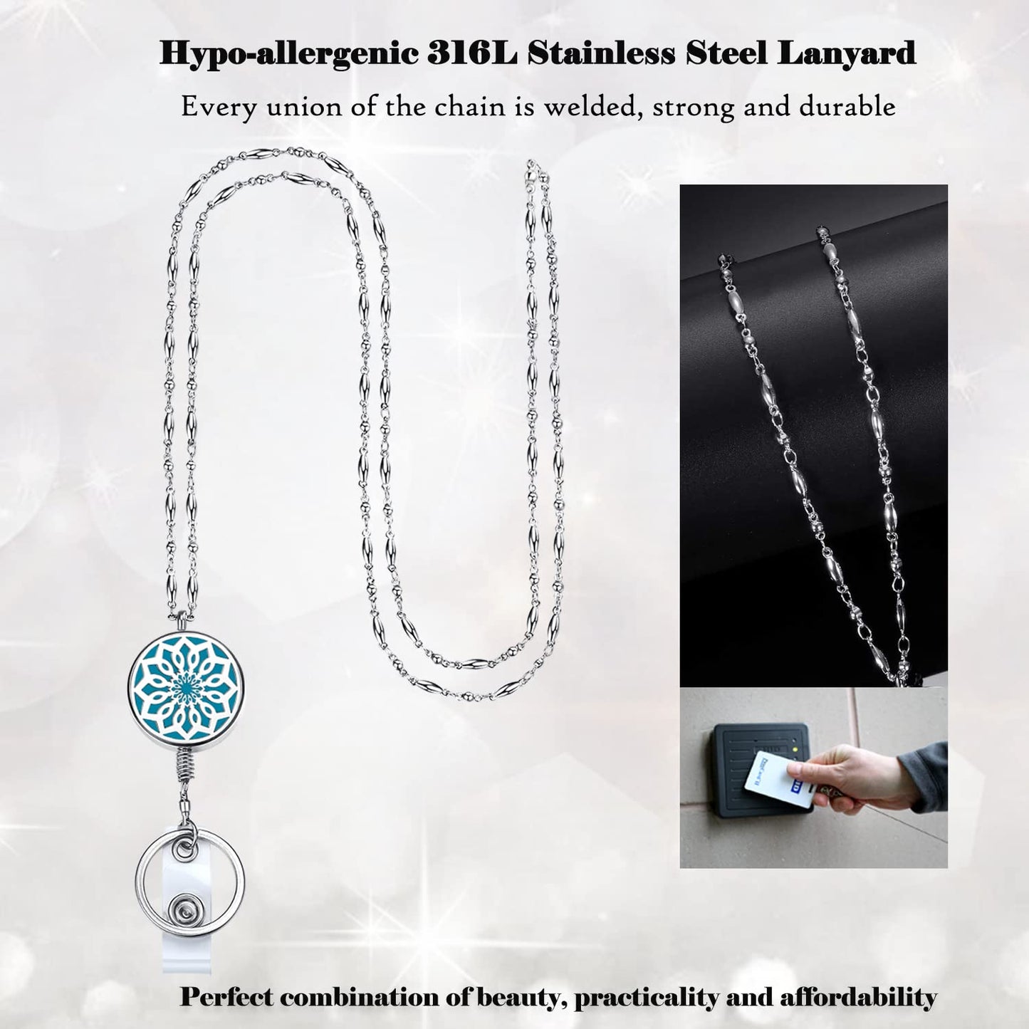 Lanyards for ID Badges Keys Women Cute Teacher Lanyard ID Holder Necklace Silver Chain Fashion Strong Keychain Diffuser Office School Work Jewelry Nurse Teacher Appreciation Gifts Mandala