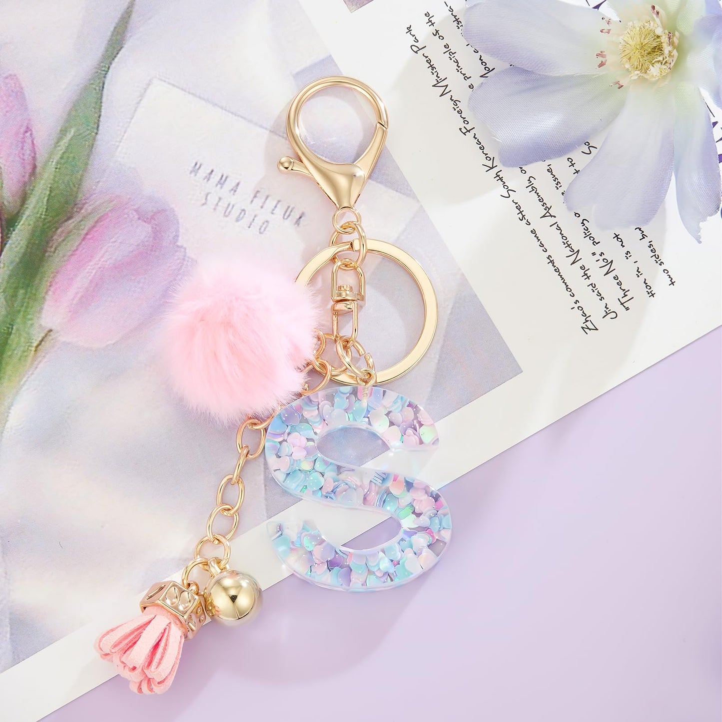 Resin Alphabet Initial Letter Keychain Keyring for Women Purse Handbags With Fur Ball Pom