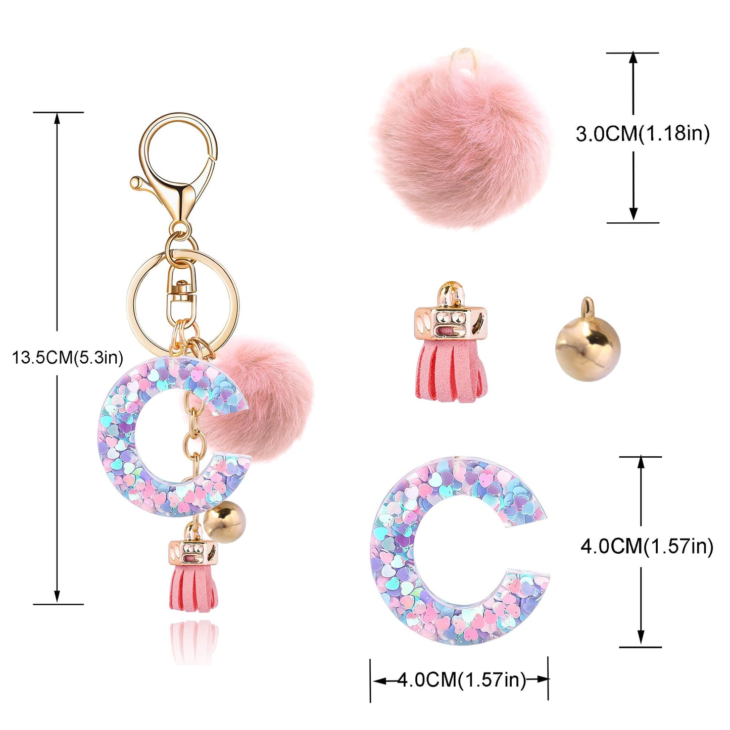 Resin Alphabet Initial Letter Keychain Keyring for Women Purse Handbags With Fur Ball Pom