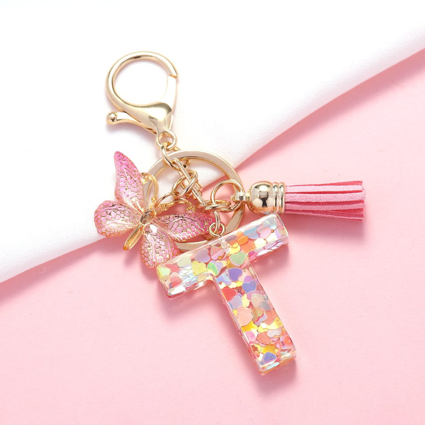 Fashion Alphabet Initial Letter Keychain Tassel Butterfly Pendant Key Ring for Purse Handbags Women Girl