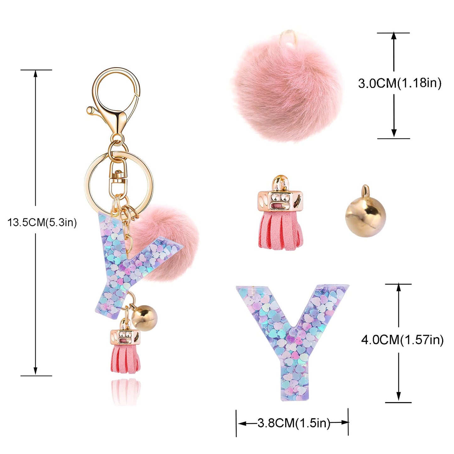 Resin Alphabet Initial Letter Keychain Keyring for Women Purse Handbags With Fur Ball Pom