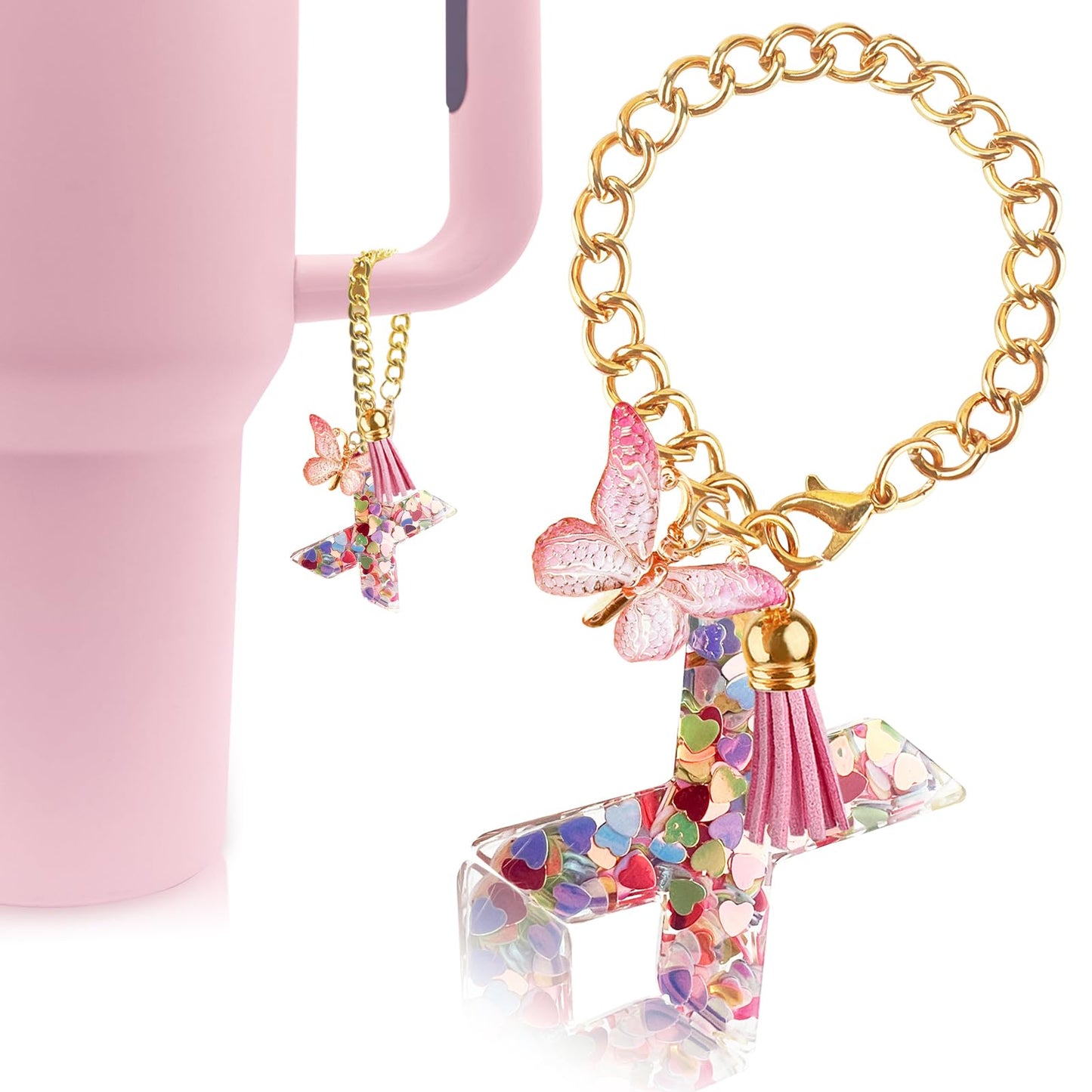 Letter Charm Accessories for Stanley Cup with Handle, Cute Initial Letter A Keychain Handle Charm with Butterfly for Stanley Tumbler for Women Girls