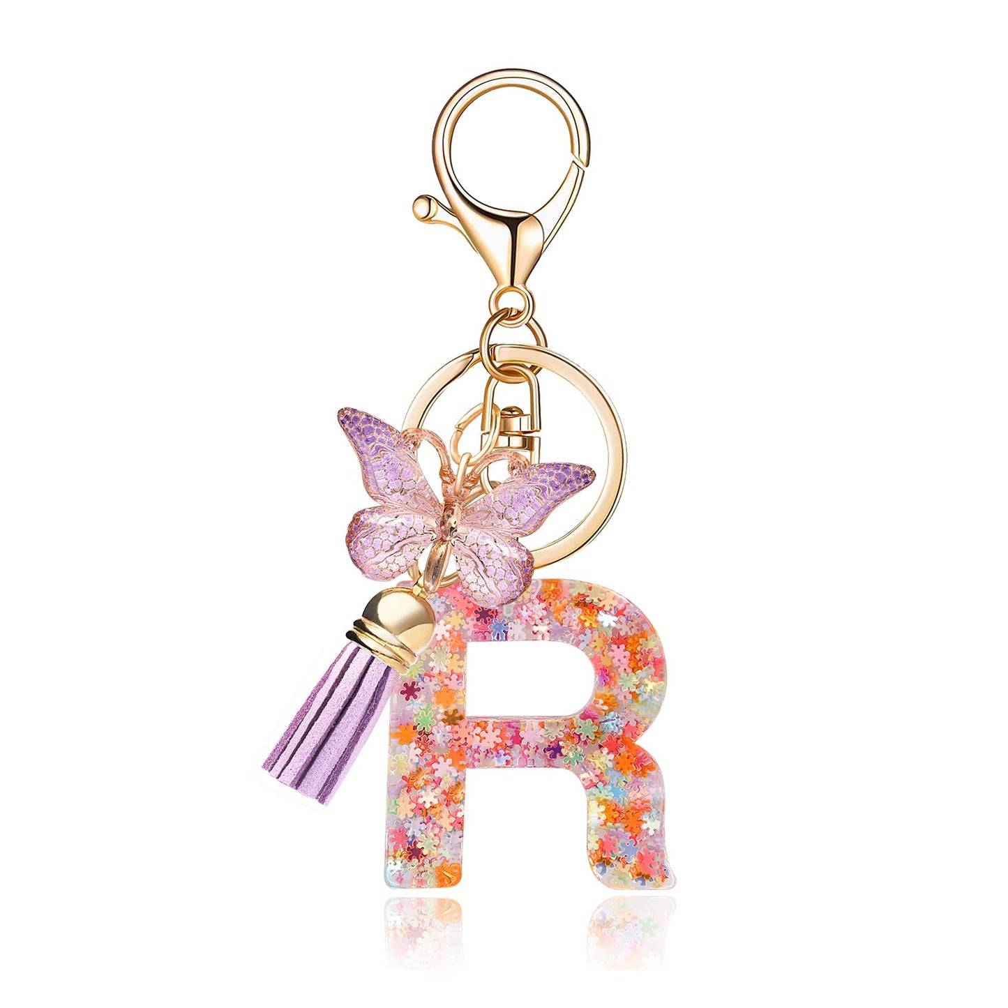 Fashion Alphabet Initial Letter Keychain Tassel Butterfly Pendant Key Ring for Purse Handbags Women Girl