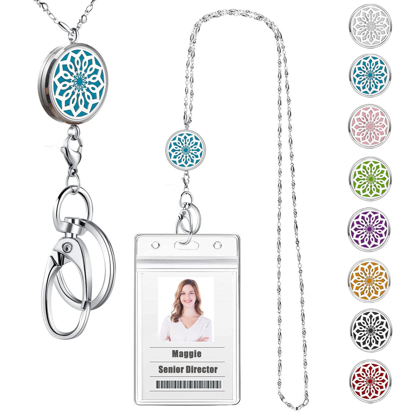 Lanyards for ID Badges Keys Women Cute Teacher Lanyard ID Holder Necklace Silver Chain Fashion Strong Keychain Diffuser Office School Work Jewelry Nurse Teacher Appreciation Gifts Mandala
