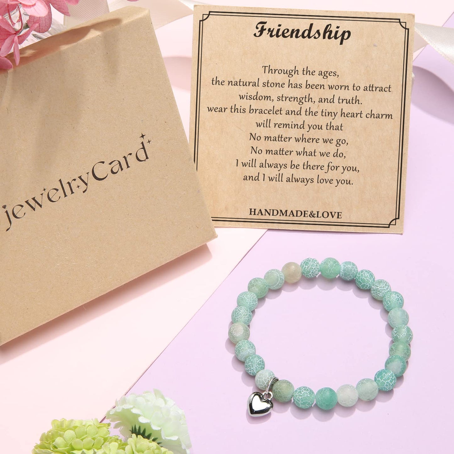Jewelry&Card Christmas Gifts for Sister Best Friend, Natural Stone Heart Friendship Bracelets for Sister Best Friend Bestie Women