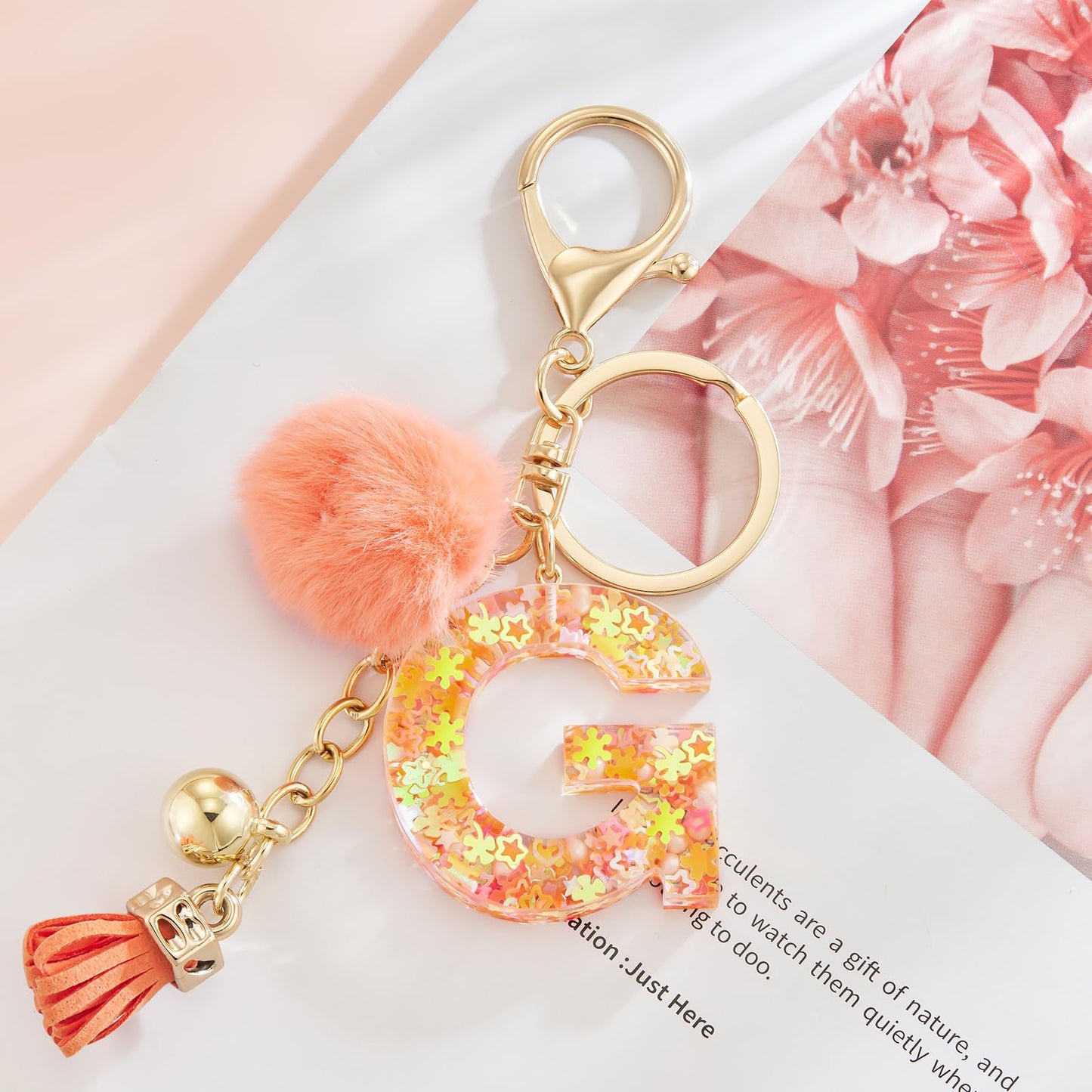 Resin Alphabet Initial Letter Keychain Keyring for Women Purse Handbags With Fur Ball Pom
