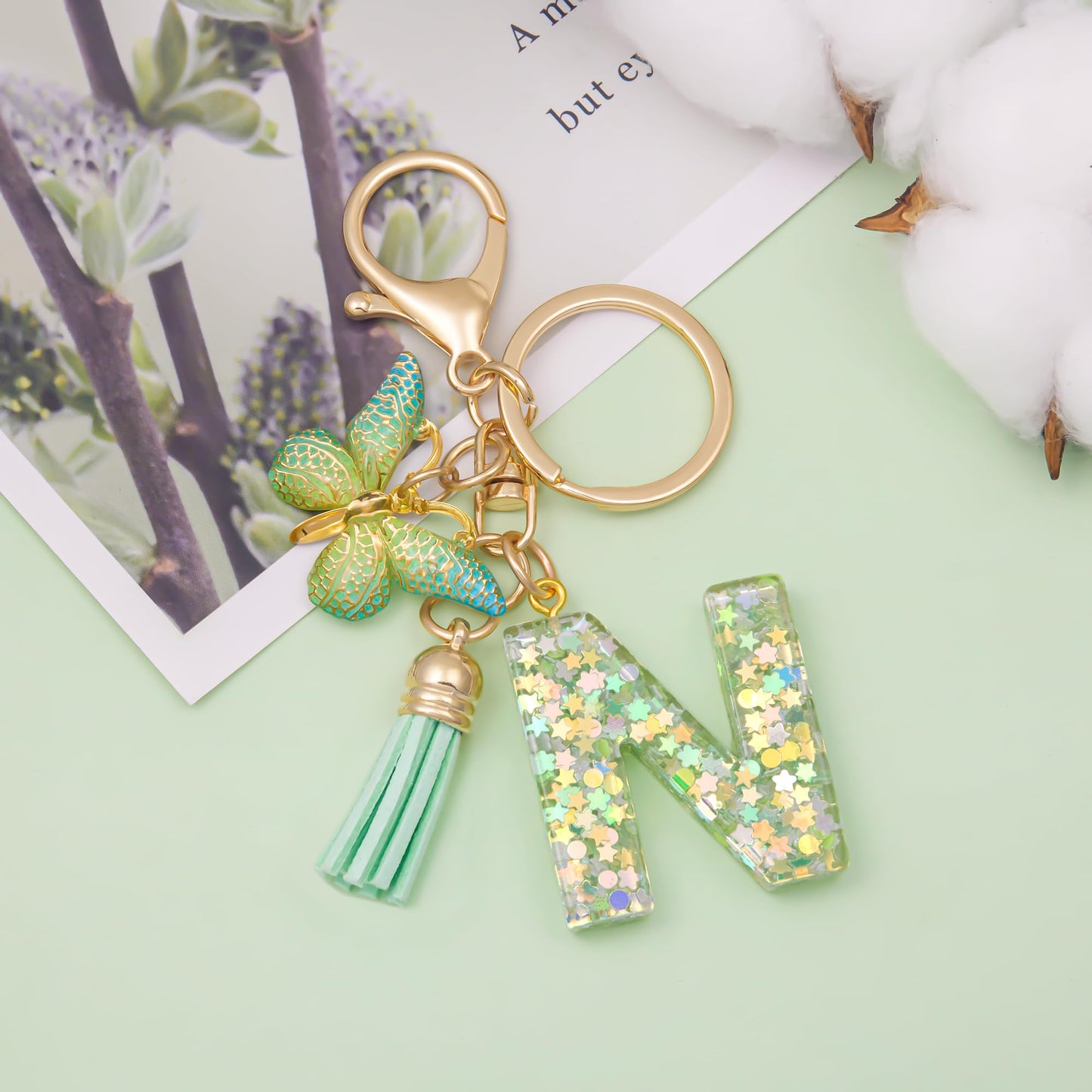 Fashion Alphabet Initial Letter Keychain Tassel Butterfly Pendant Key Ring for Purse Handbags Women Girl