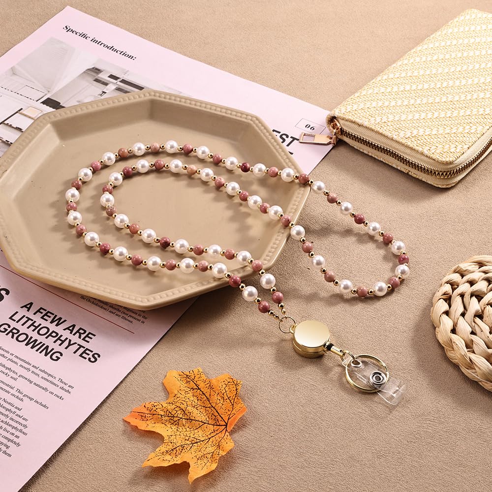 Retractable Pearl ID Badges and Key Lanyards, Natural Crystal Handmade Beaded Teacher Women's Lanyards