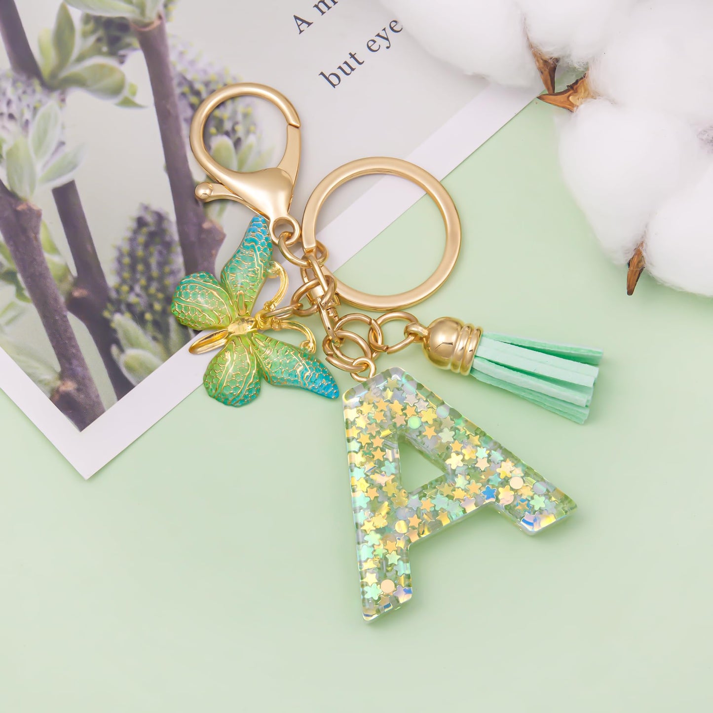 Fashion Alphabet Initial Letter Keychain Tassel Butterfly Pendant Key Ring for Purse Handbags Women Girl