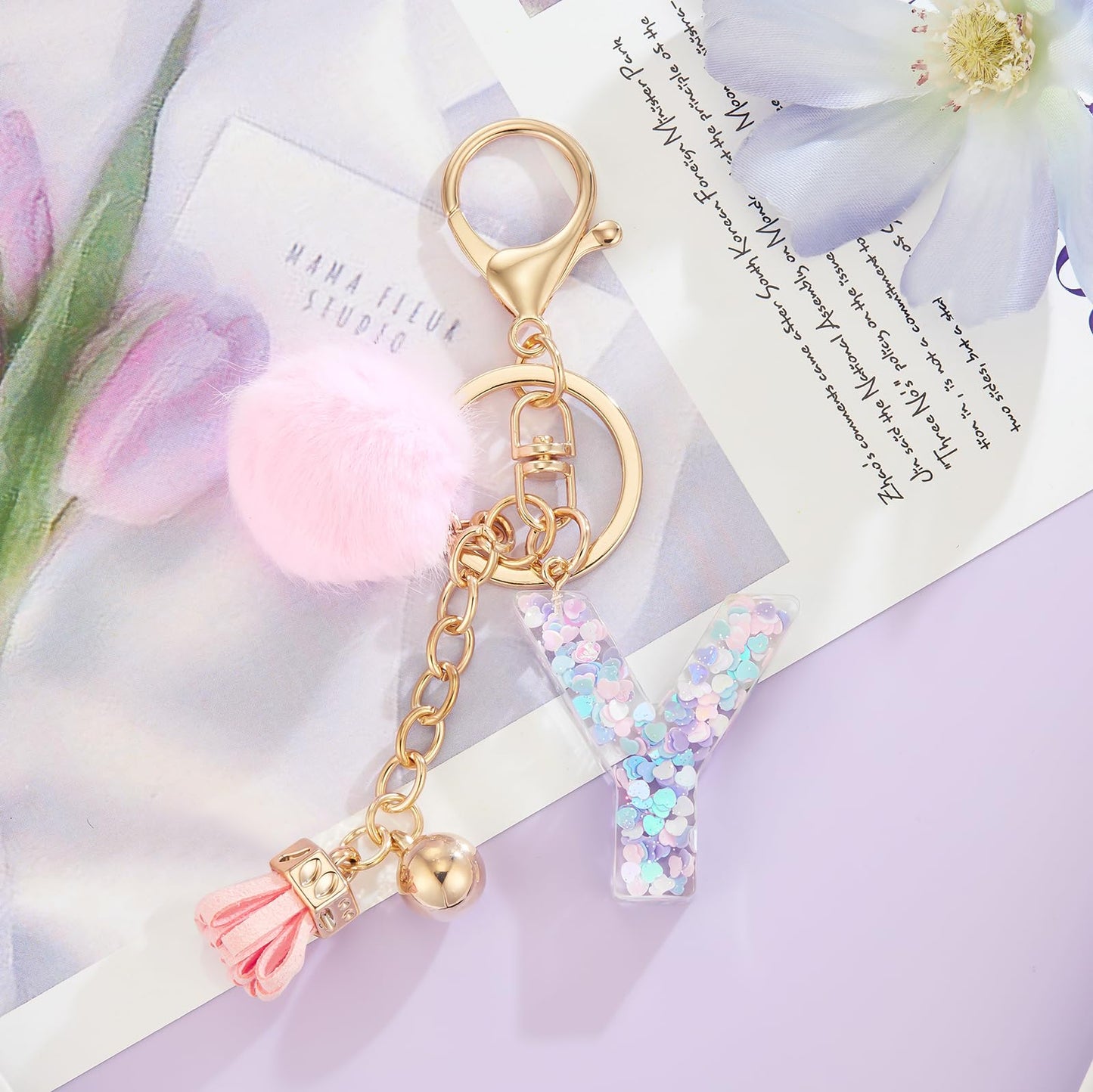 Resin Alphabet Initial Letter Keychain Keyring for Women Purse Handbags With Fur Ball Pom