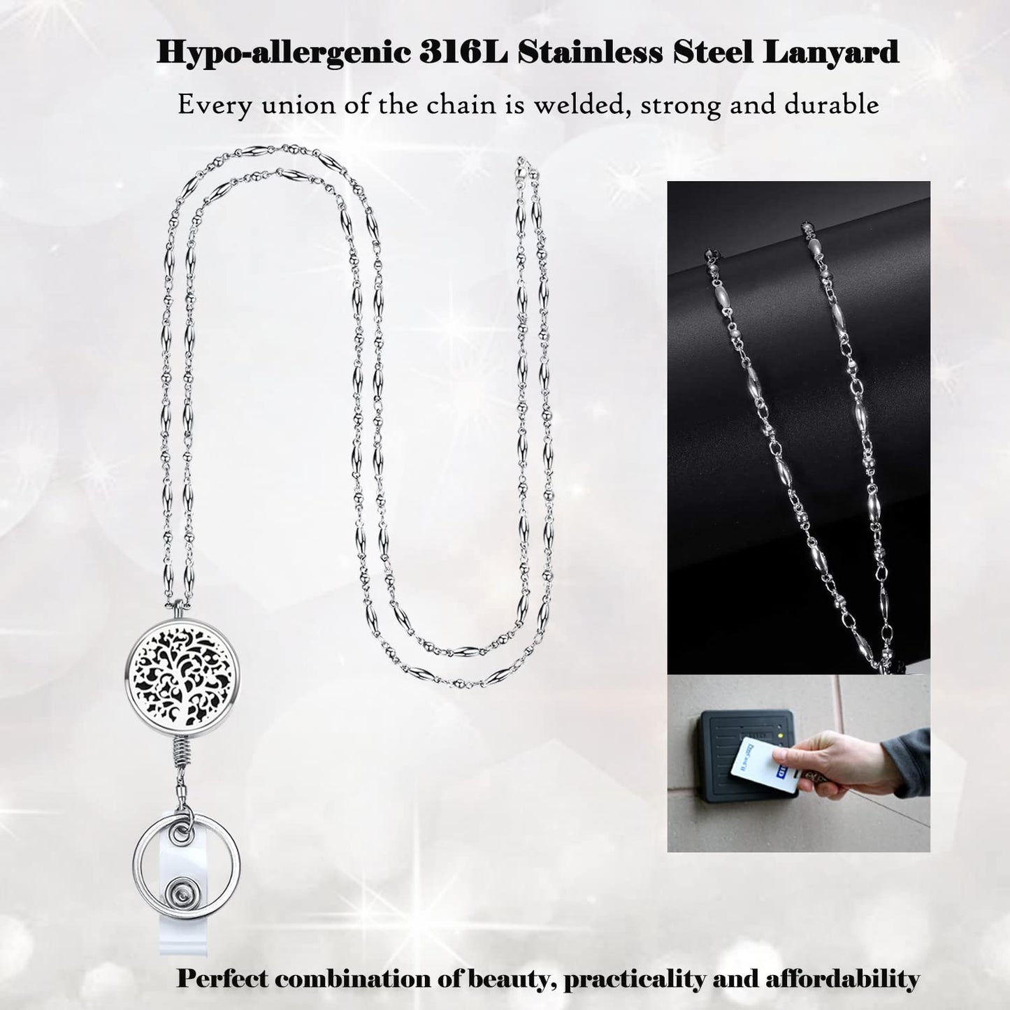 Lanyards for ID Badges Keys Women Cute Teacher Lanyard ID Holder Necklace Silver Chain Fashion Strong Keychain Diffuser Office School Work Jewelry Nurse Teacher Appreciation Gifts Mandala