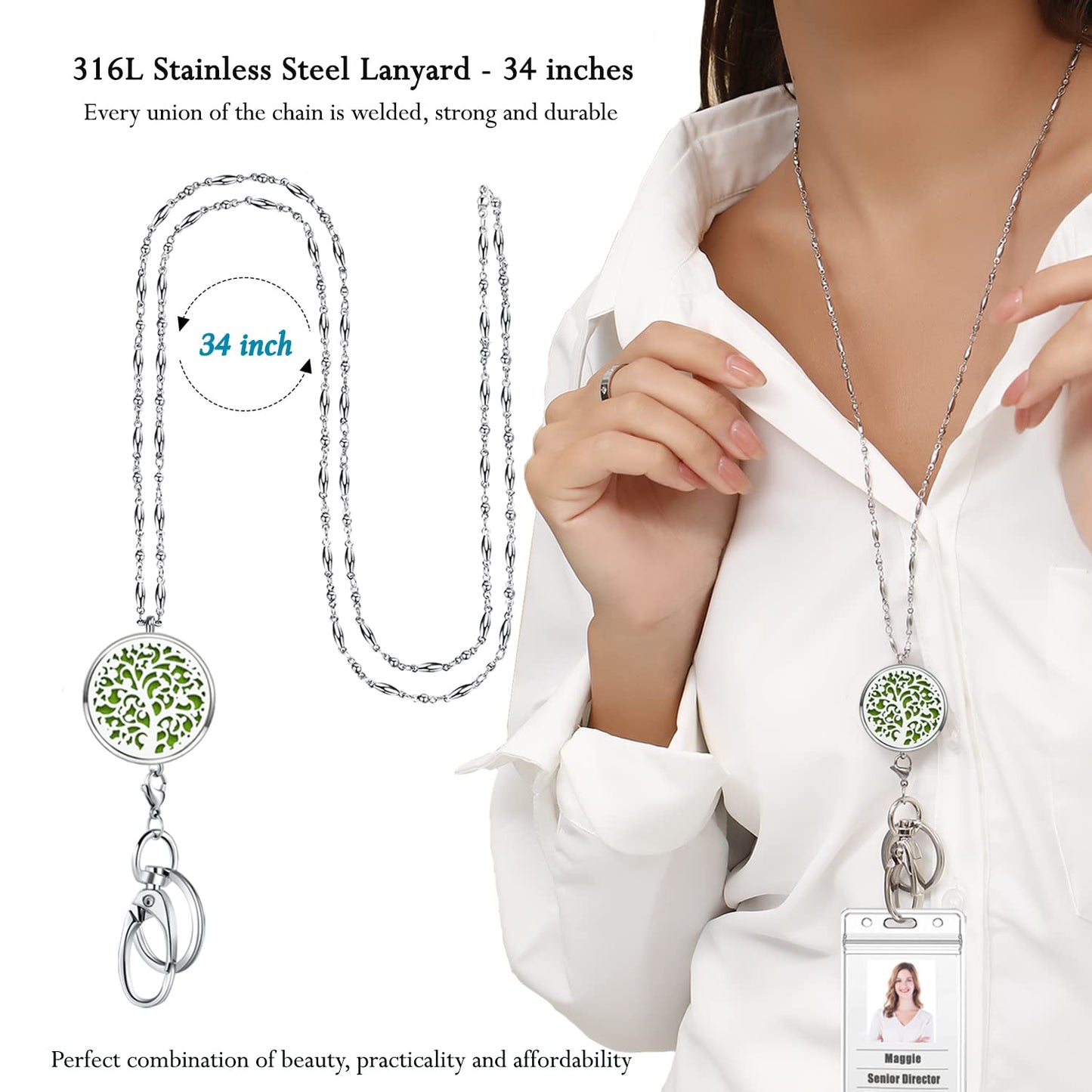 Lanyards for ID Badges Keys Women Cute Teacher Lanyard ID Holder Necklace Silver Chain Fashion Strong Keychain Diffuser Office School Work Jewelry Nurse Teacher Appreciation Gifts Mandala