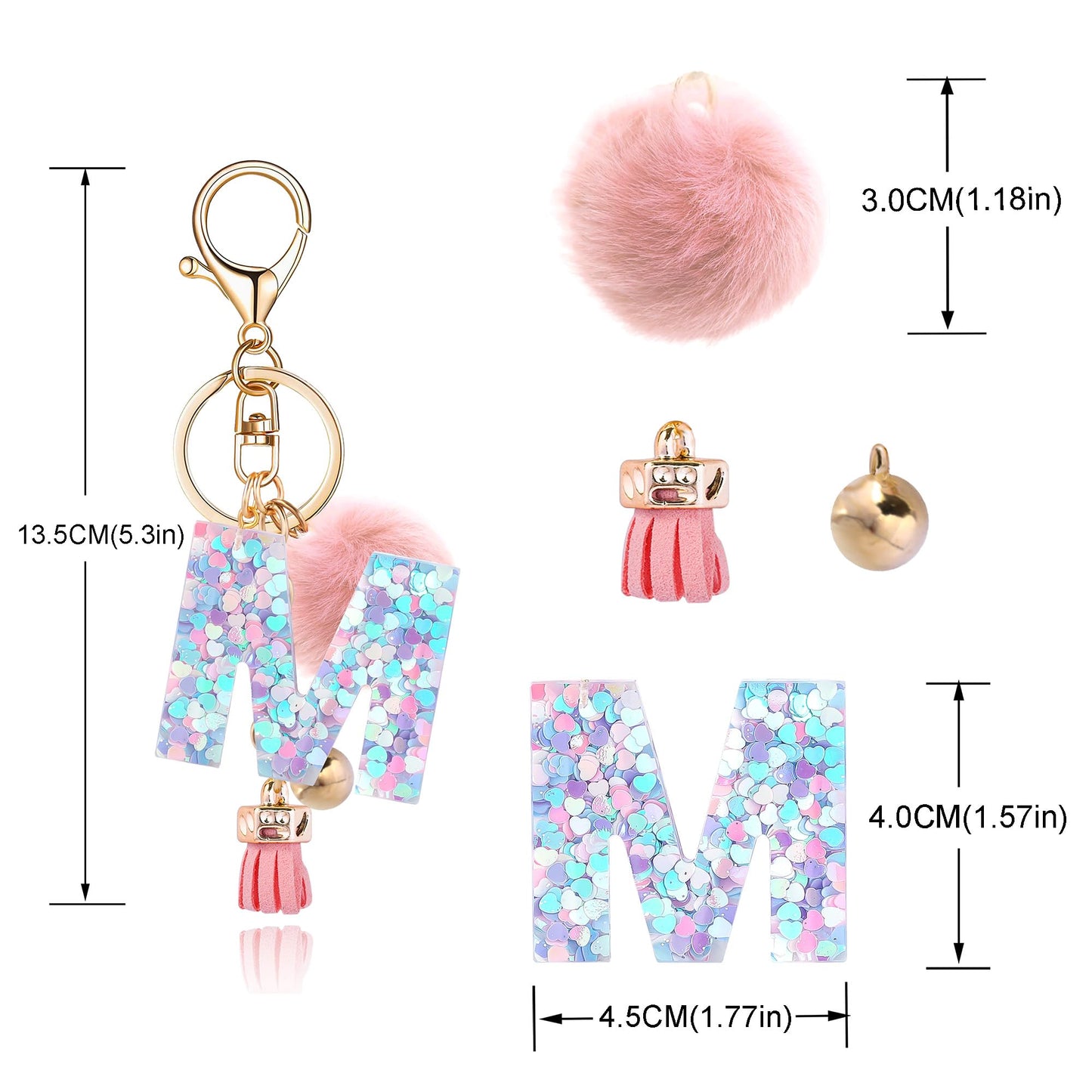 Resin Alphabet Initial Letter Keychain Keyring for Women Purse Handbags With Fur Ball Pom